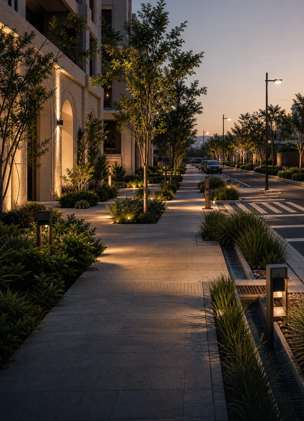 Landscape and roadworks visualization showing civic movement and planted edges.