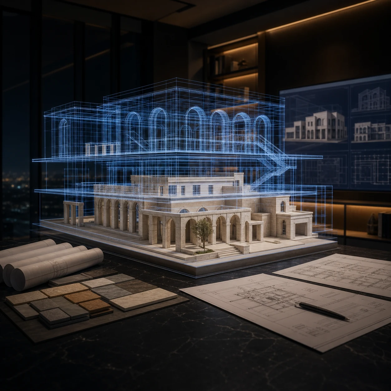 BIM coordination room showing a luminous building model and technical review table.