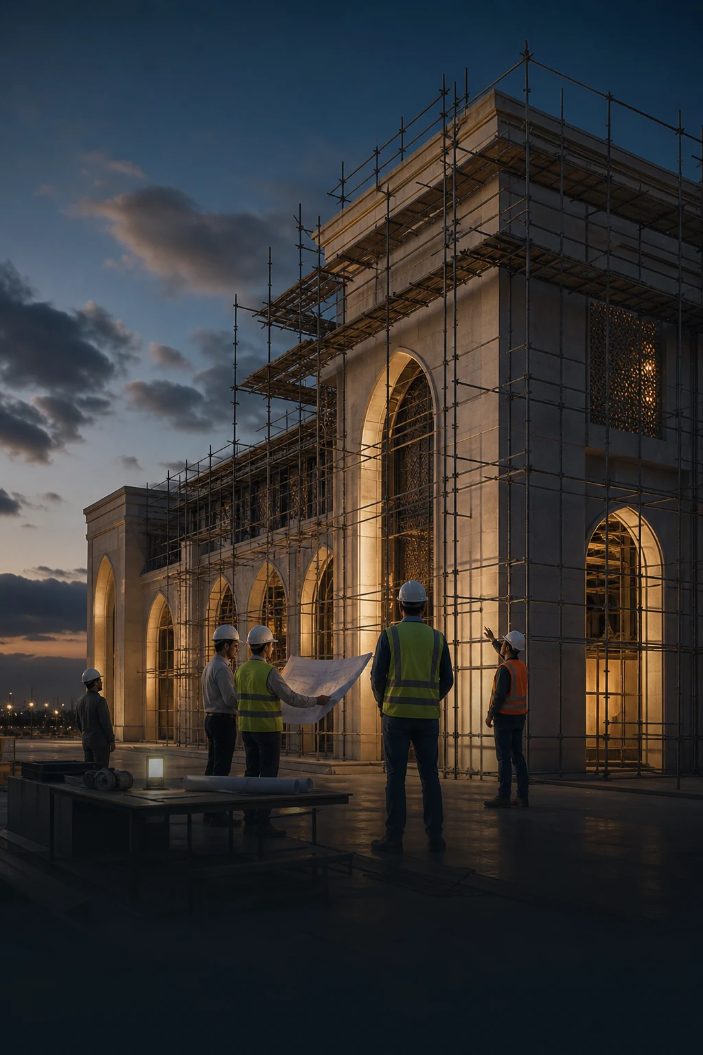 Ordered construction execution scene showing skilled site control, facade works, and warm evening lighting.