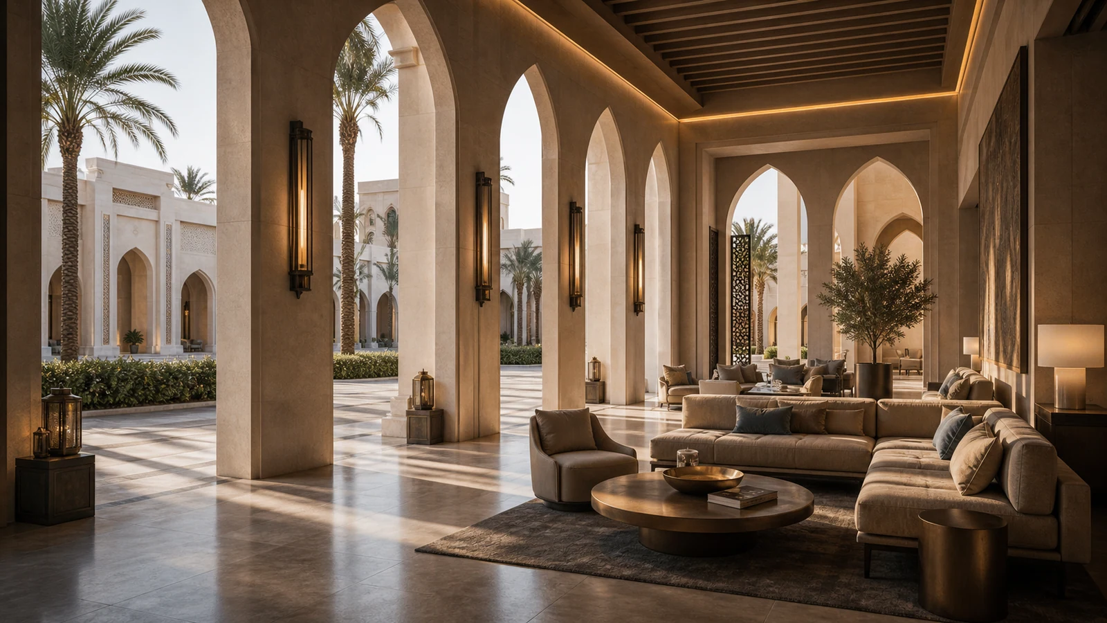 Premium hospitality interior and architectural arrival space with arched openings, warm stone, and layered lounge design.