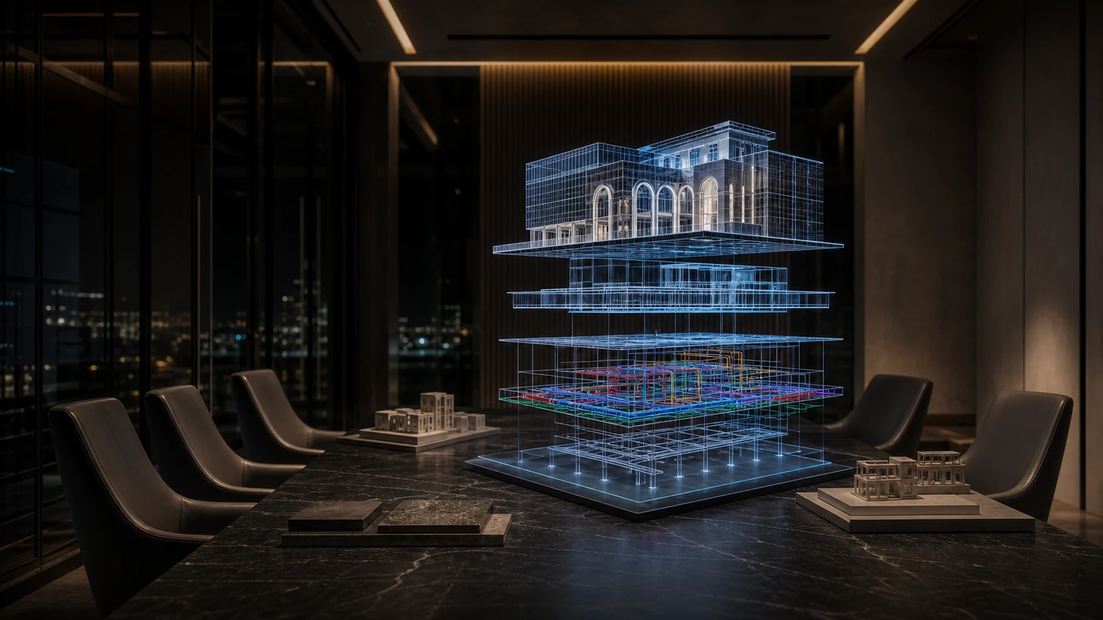 Refined BIM coordination room with a luminous multidisciplinary building model above a dark stone review table.