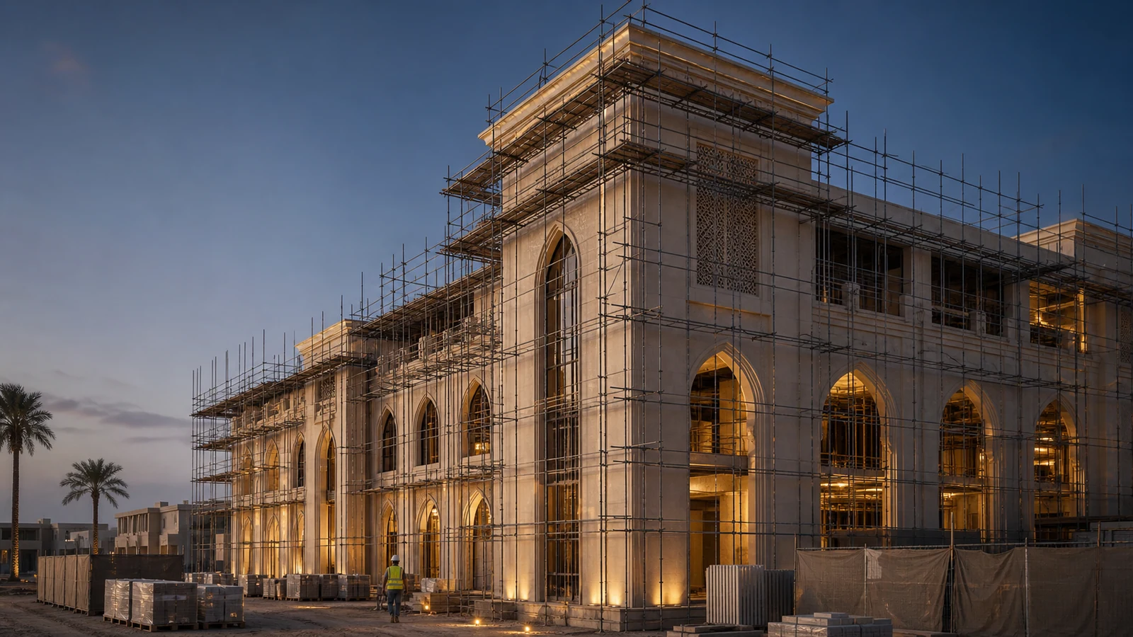 High-end building under execution with ordered scaffolding, warm facade lighting, and precise construction control.