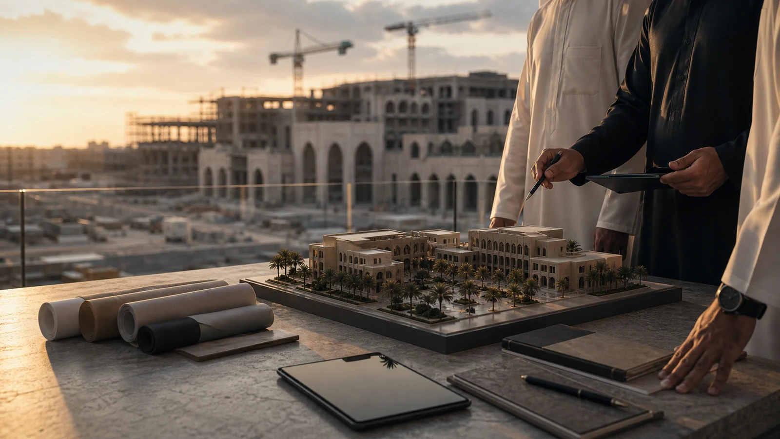 Premium project coordination setting with architectural model, material samples, and a site view in warm golden light.
