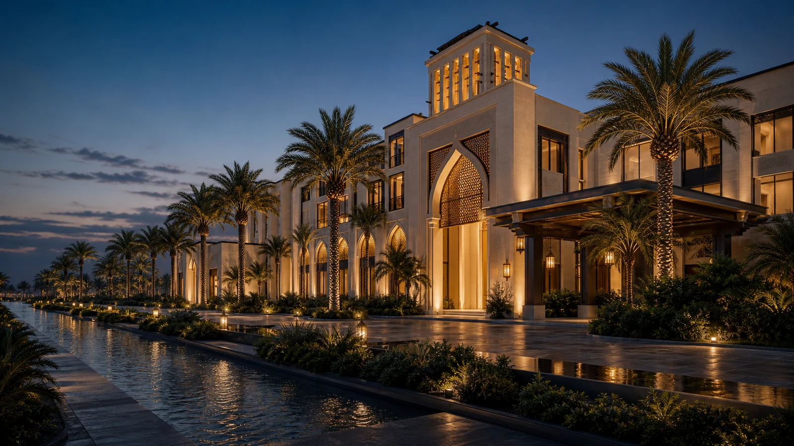 Cinematic twilight architectural visualization with warm facade lighting, palms, stone, and arrival landscape.