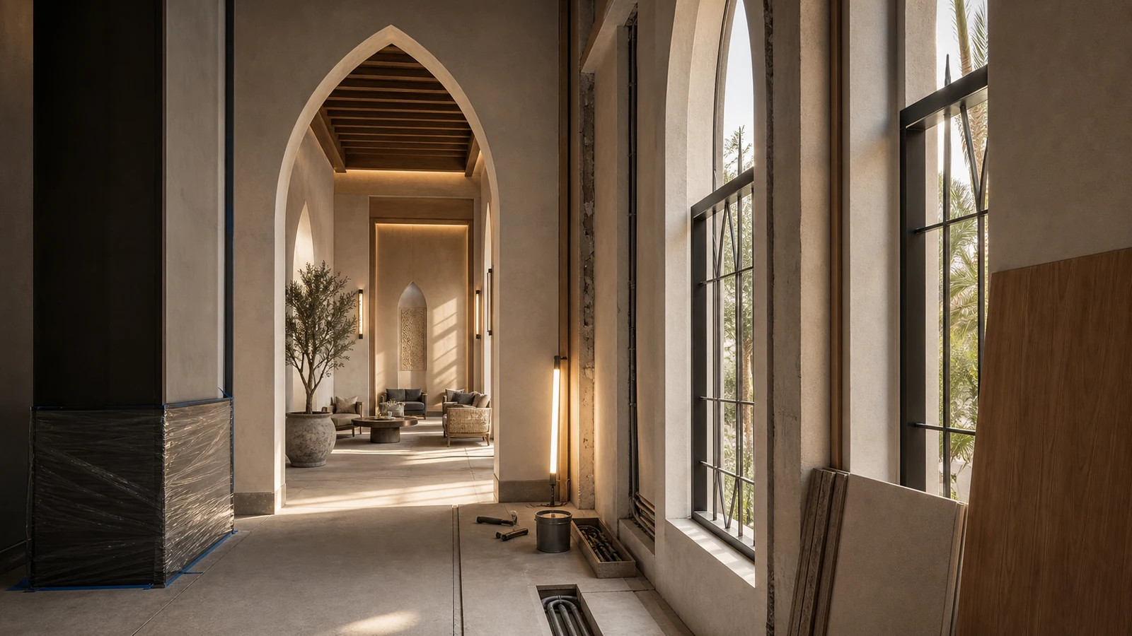 Careful retrofit interior with restored arches, warm side light, concealed services, and clean temporary works.