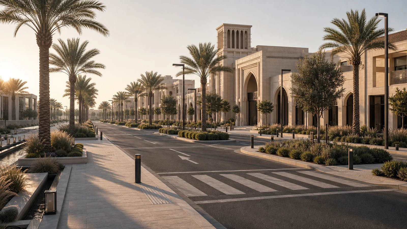 Refined GCC arrival boulevard with road geometry, stone curbs, pedestrian crossings, palms, and integrated landscape.