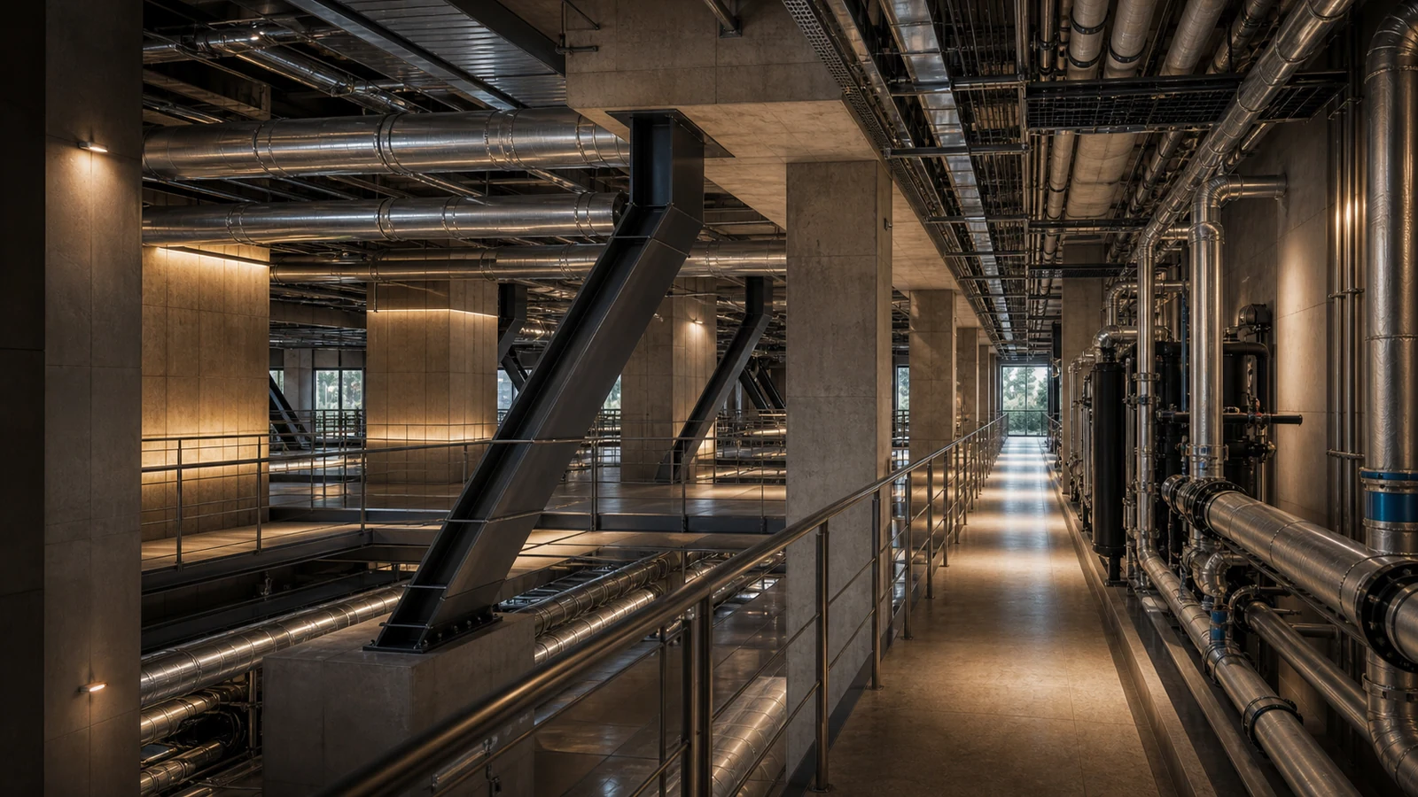 Clean structural and MEP service gallery with coordinated ducts, pipes, concrete structure, and precise access walkways.