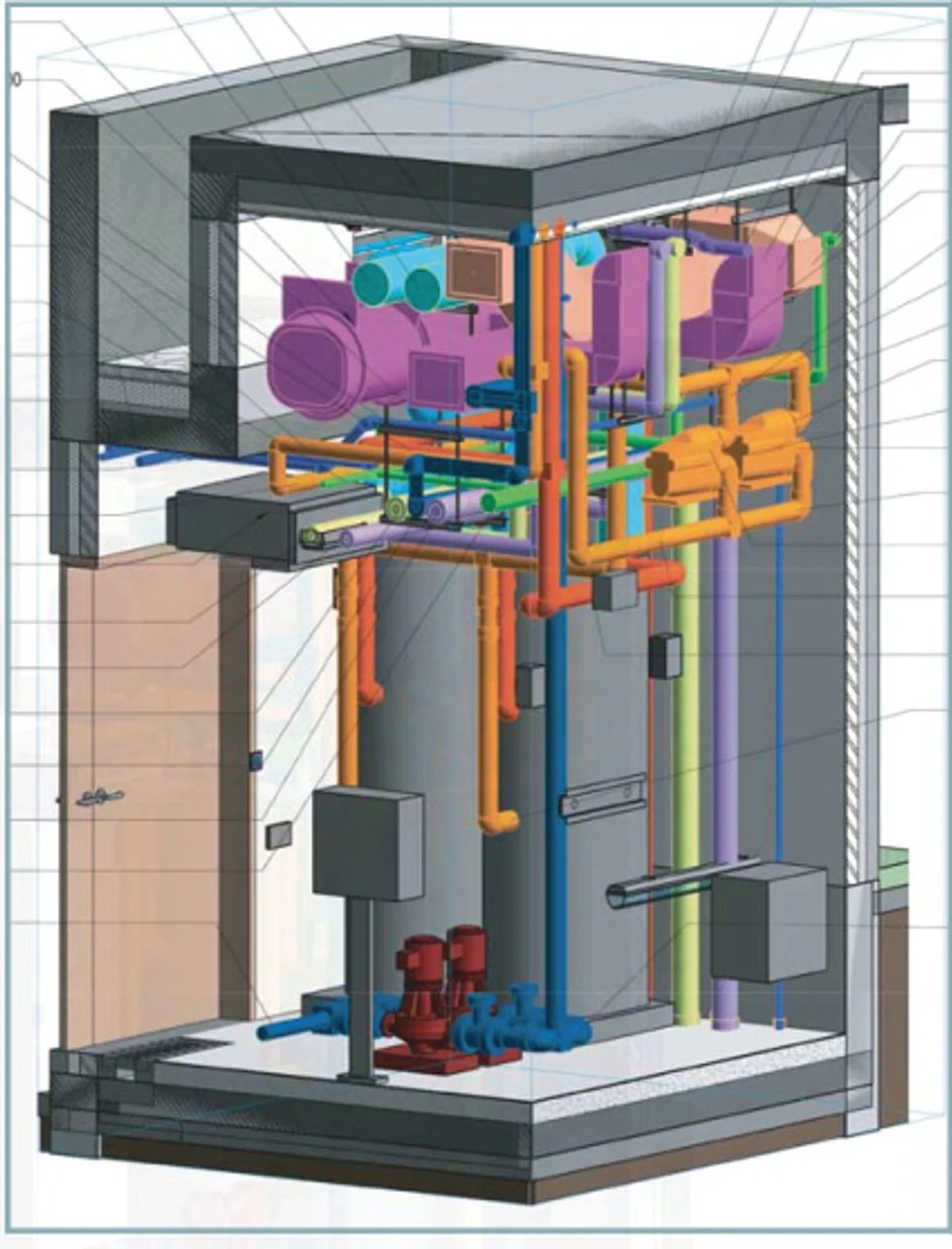 MEP equipment section with ducts, piping, pumps, and service access.