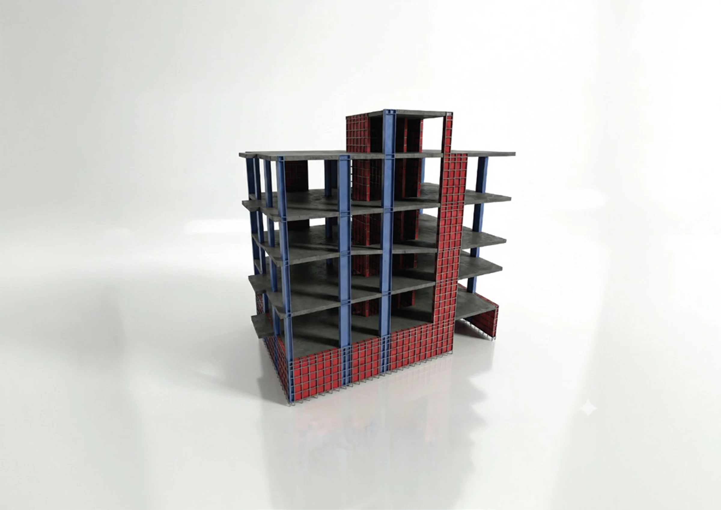 Structural frame system with columns, beams, slabs, and building levels.