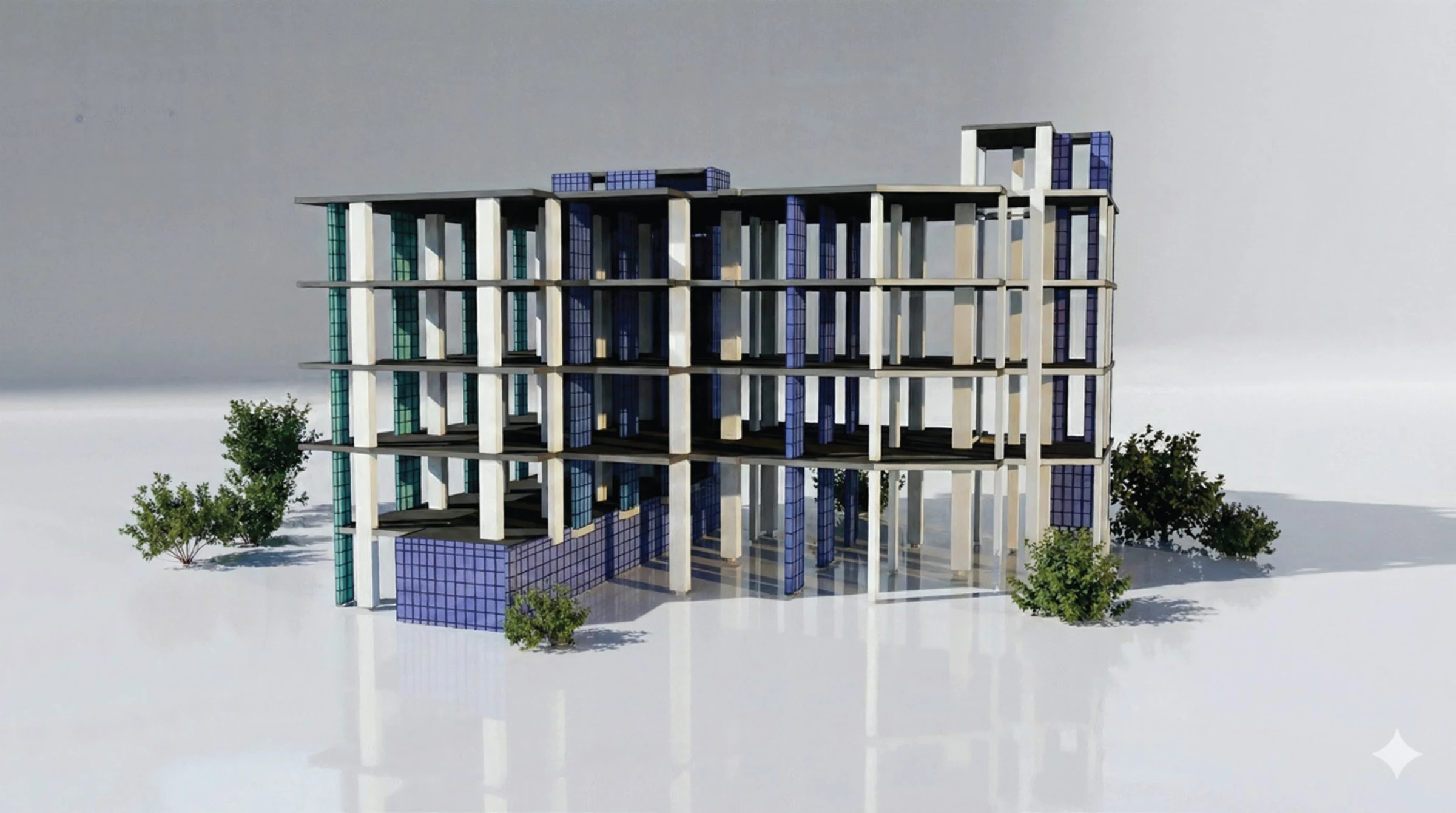 Structural building frame model with slabs, columns, and support elements.