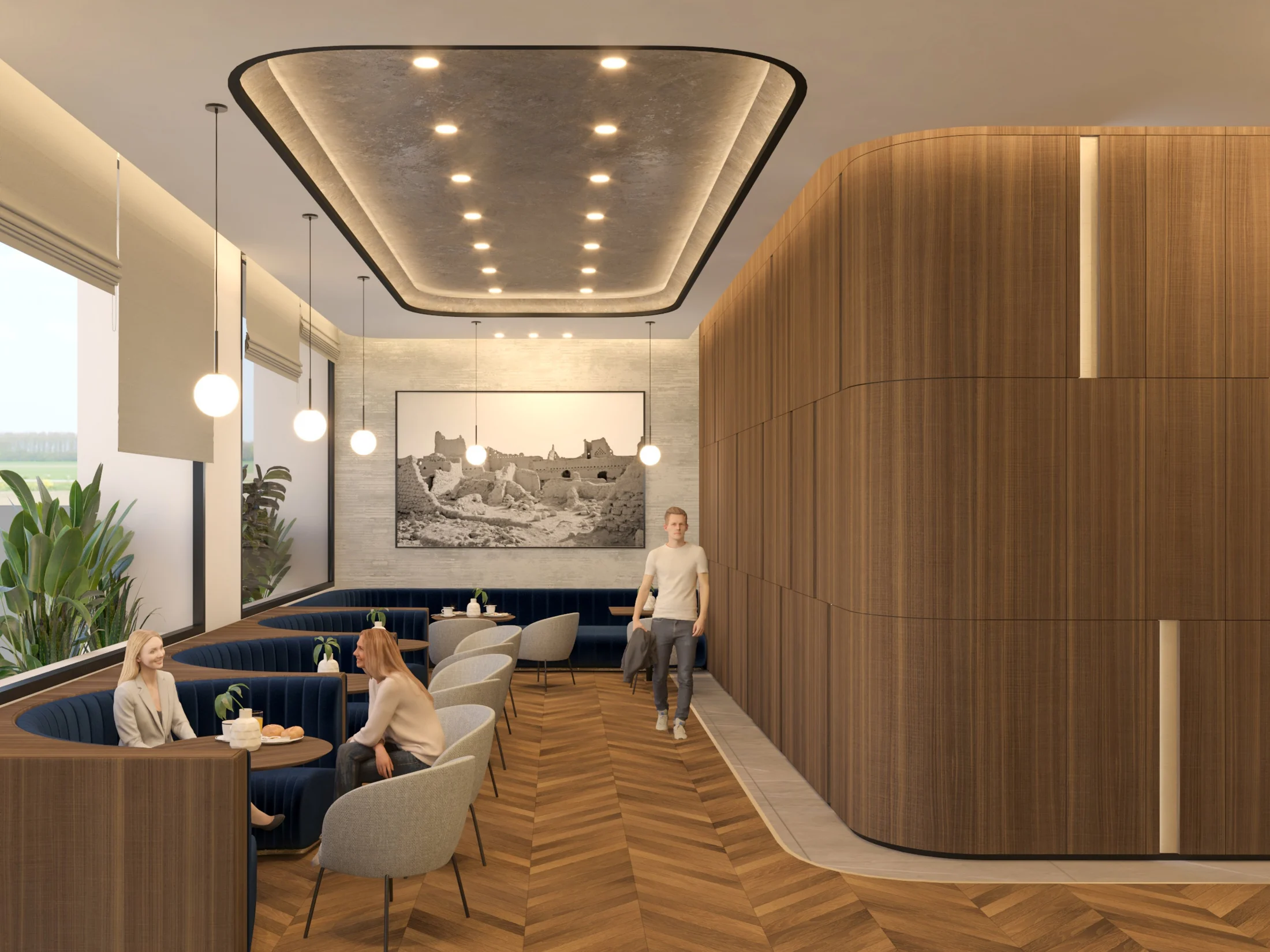 Hospitality lounge with timber columns, chairs, wall art, and soft lighting.