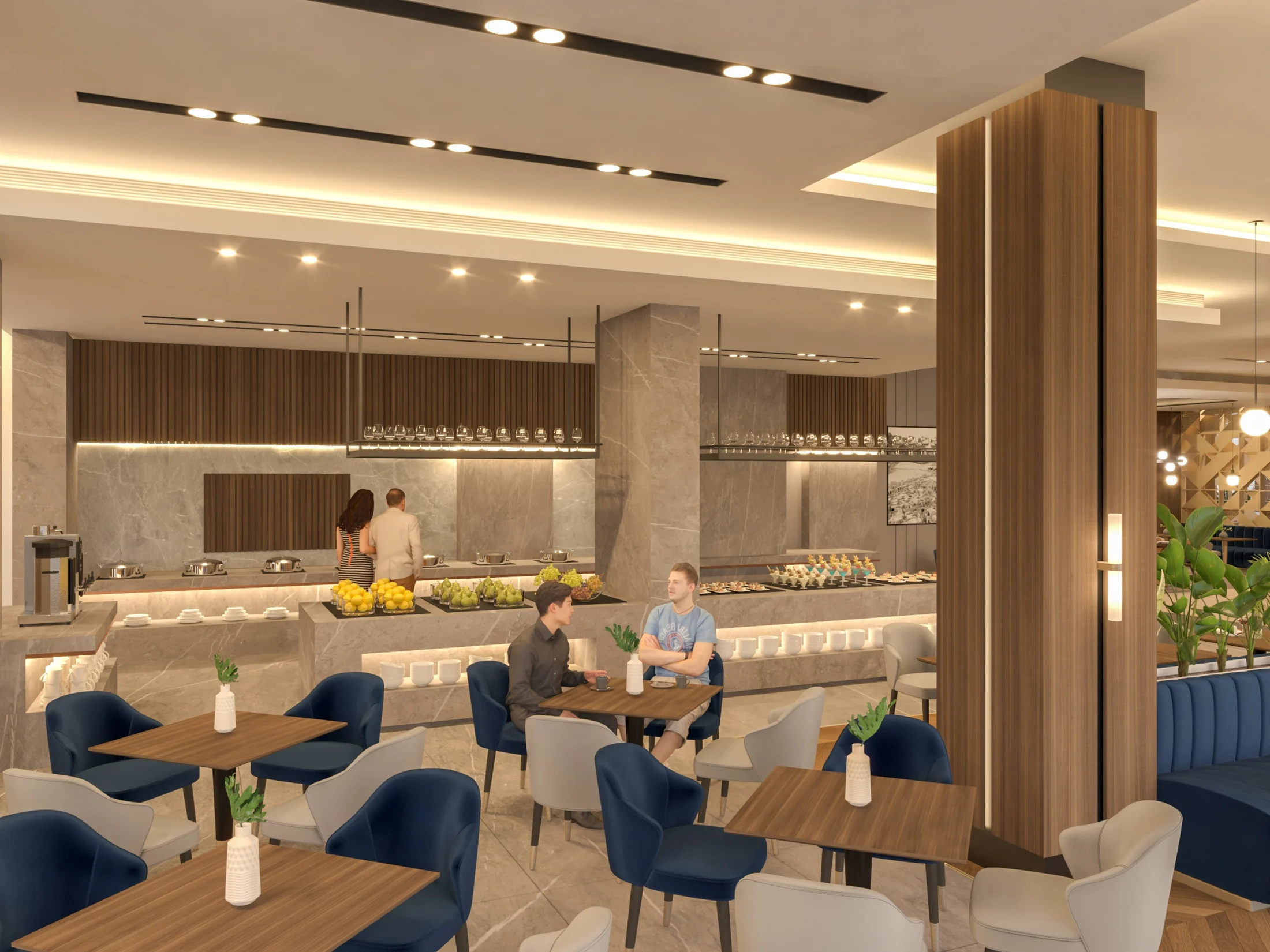 Hotel lounge and bar with blue seating, timber columns, and suspended lighting.