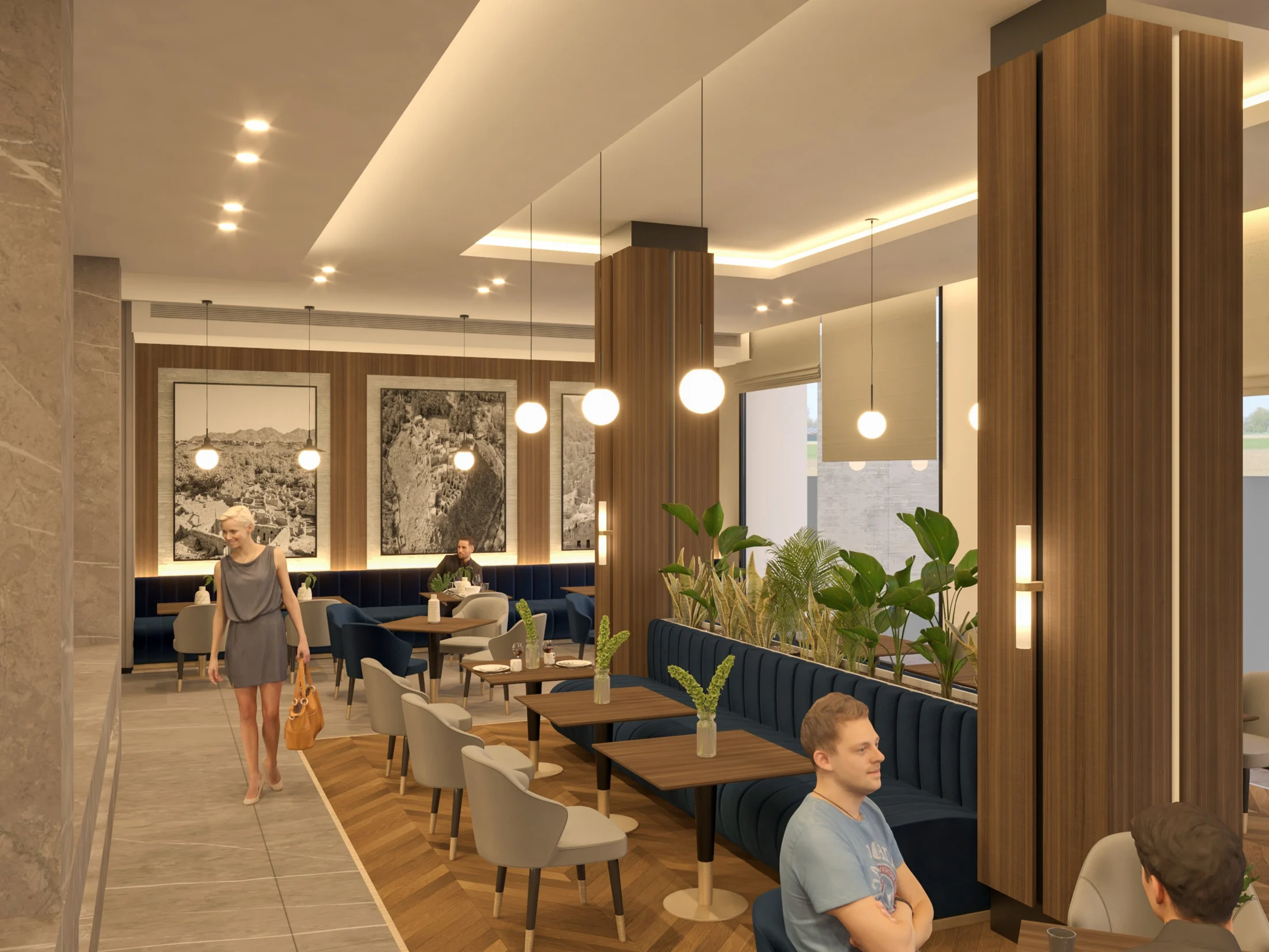 Reception desk with timber fins, lighting, and hospitality seating behind it.