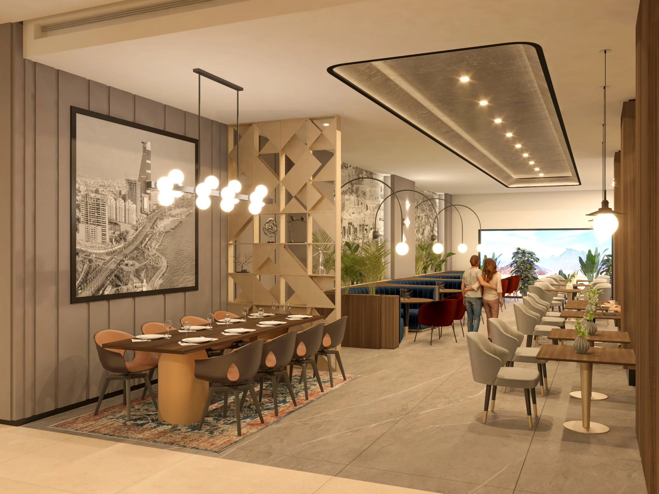Lobby lounge with seating, warm finishes, tall windows, and arrival path.