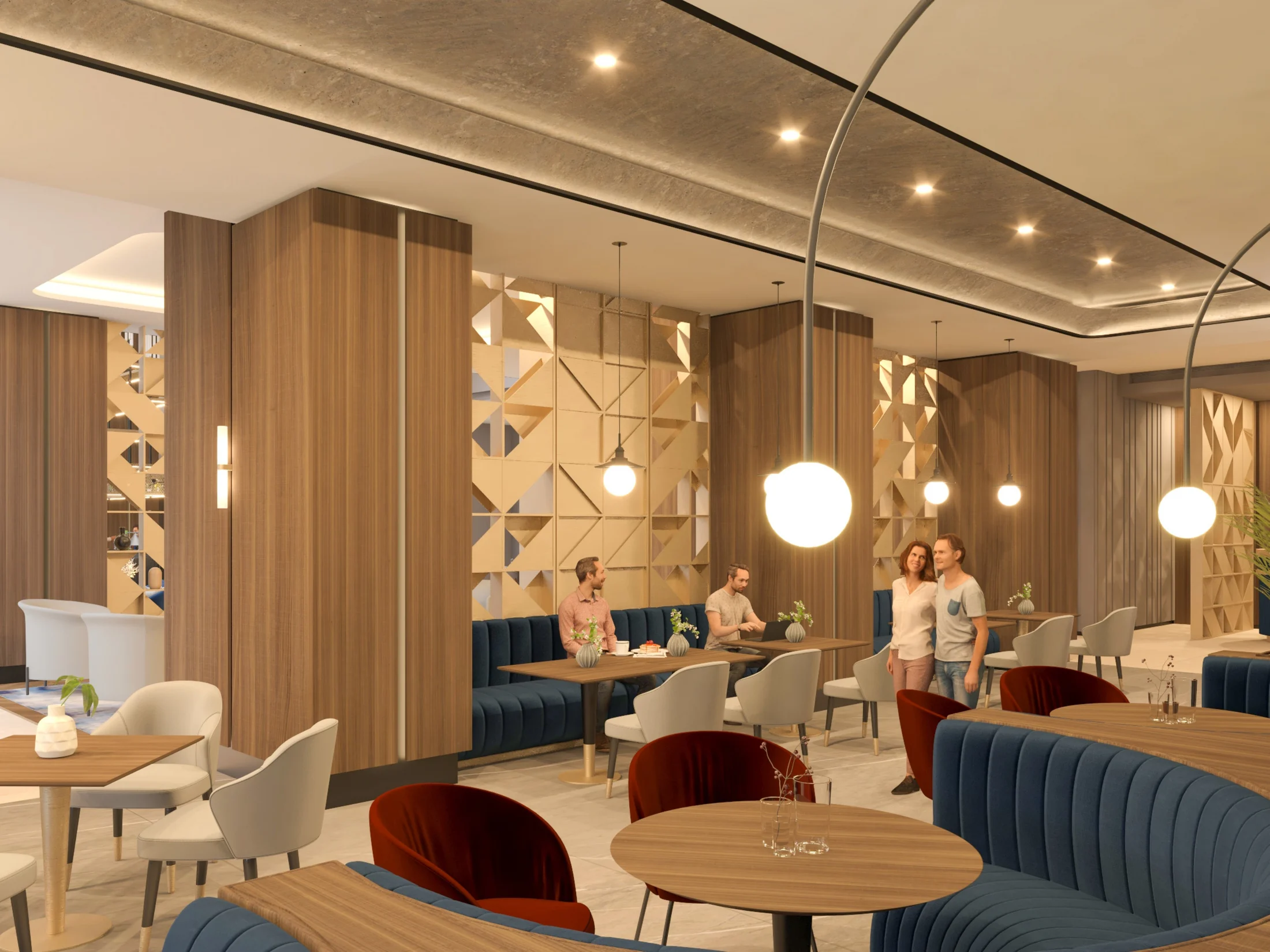Double-height reception with circular desk, skylight, chandelier, and timber fins.