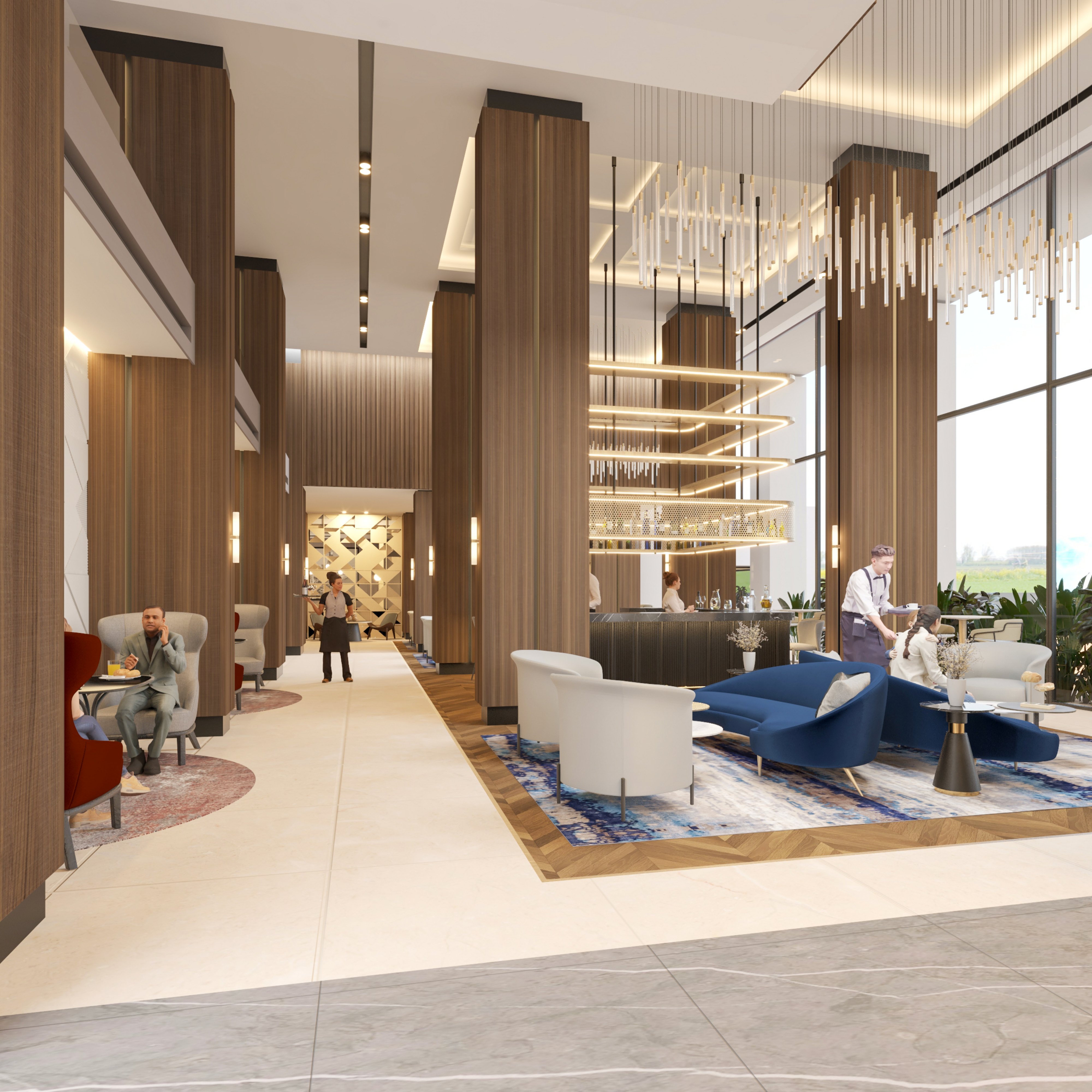 Hospitality lounge and bar interior with blue seating, suspended lighting, timber columns, and a clear circulation axis.