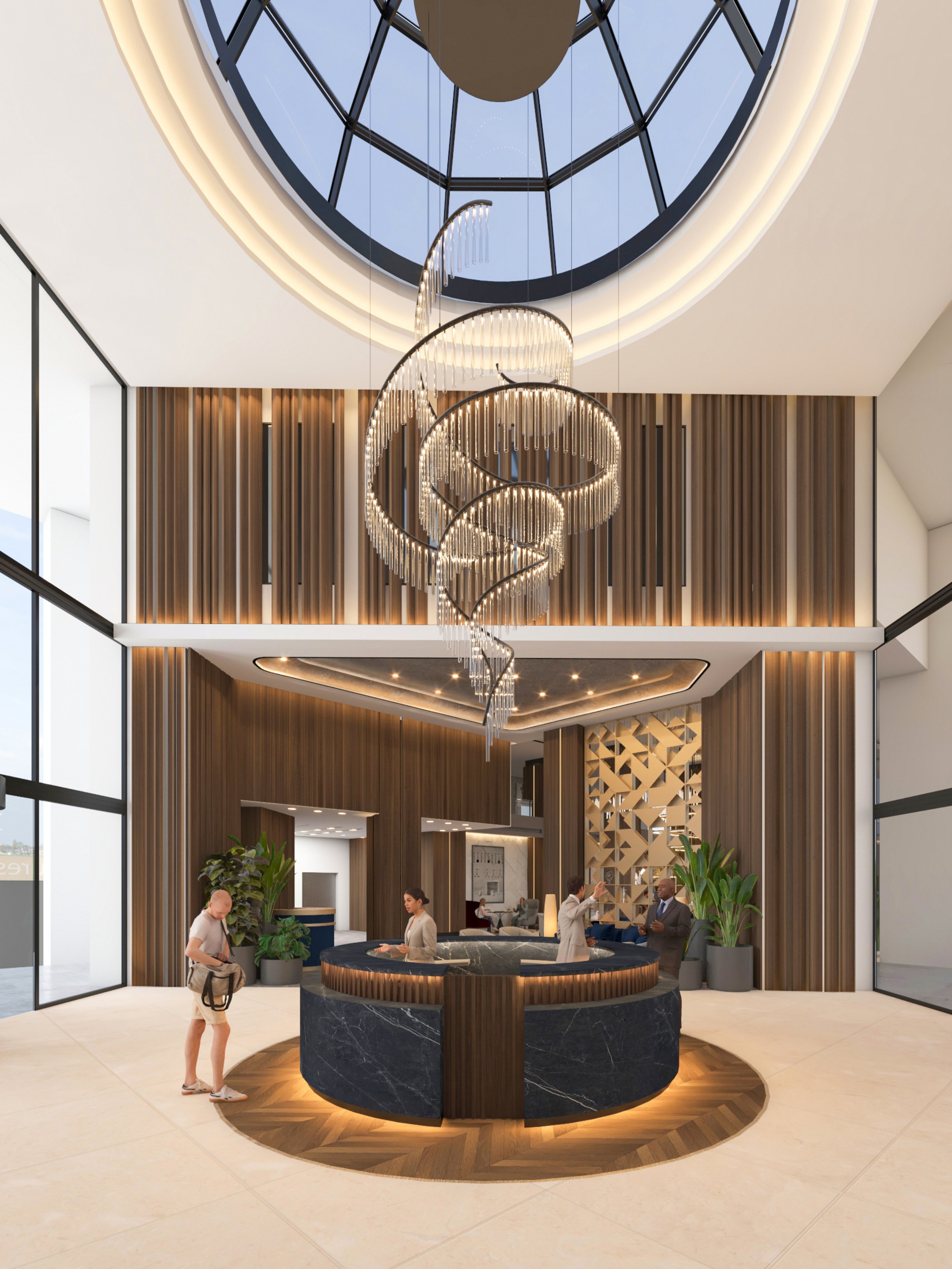 Double-height hospitality reception with circular desk, skylight, chandelier, wood fins, and clear guest arrival focus.