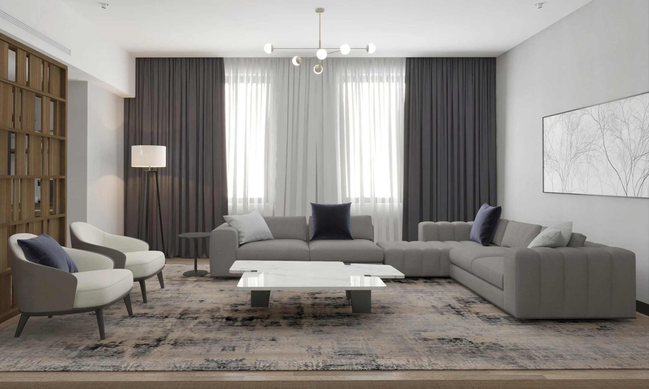 Hotel suite living room with sofa, wall art, shelves, and warm lighting.