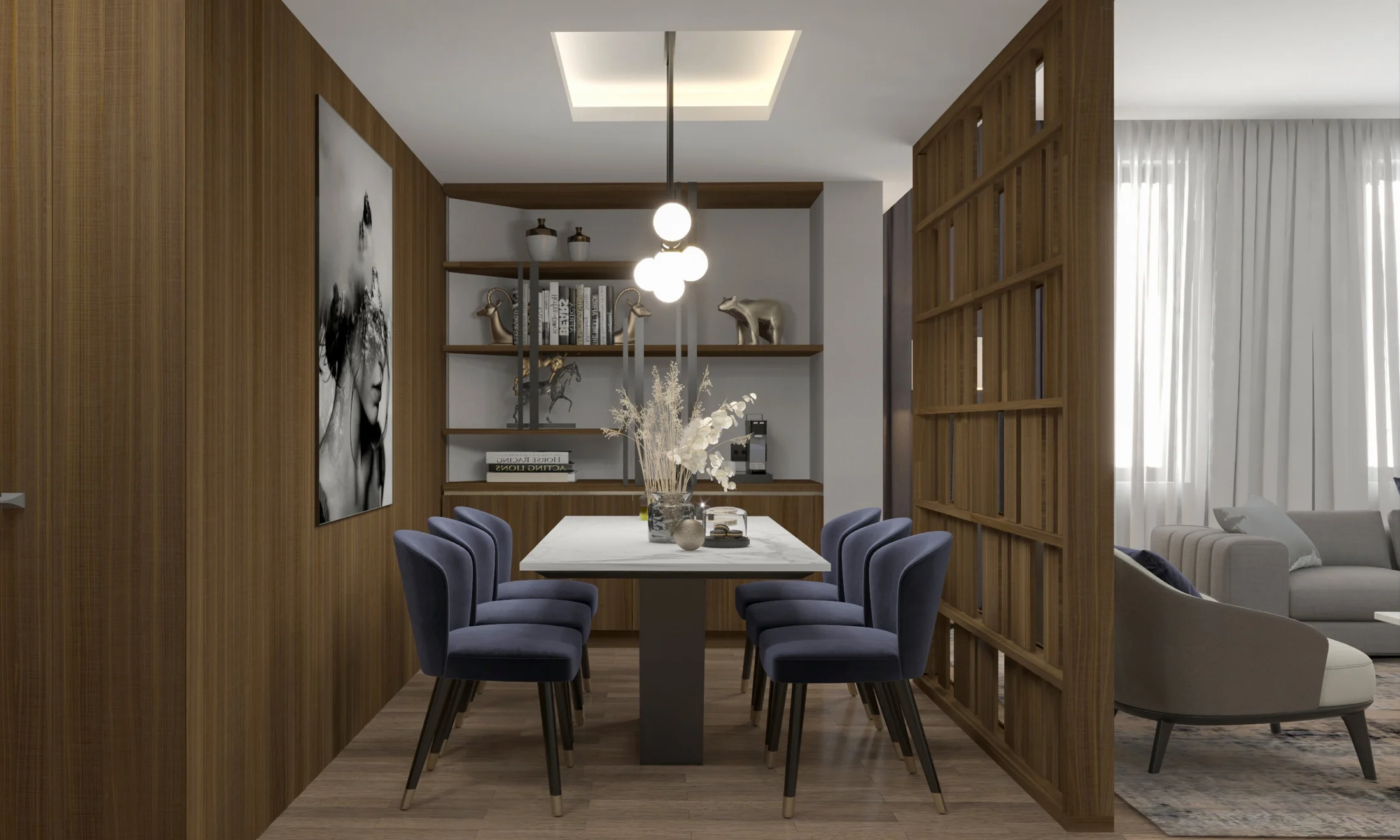 Hotel suite dining area with table, built-in shelving, and warm finishes.