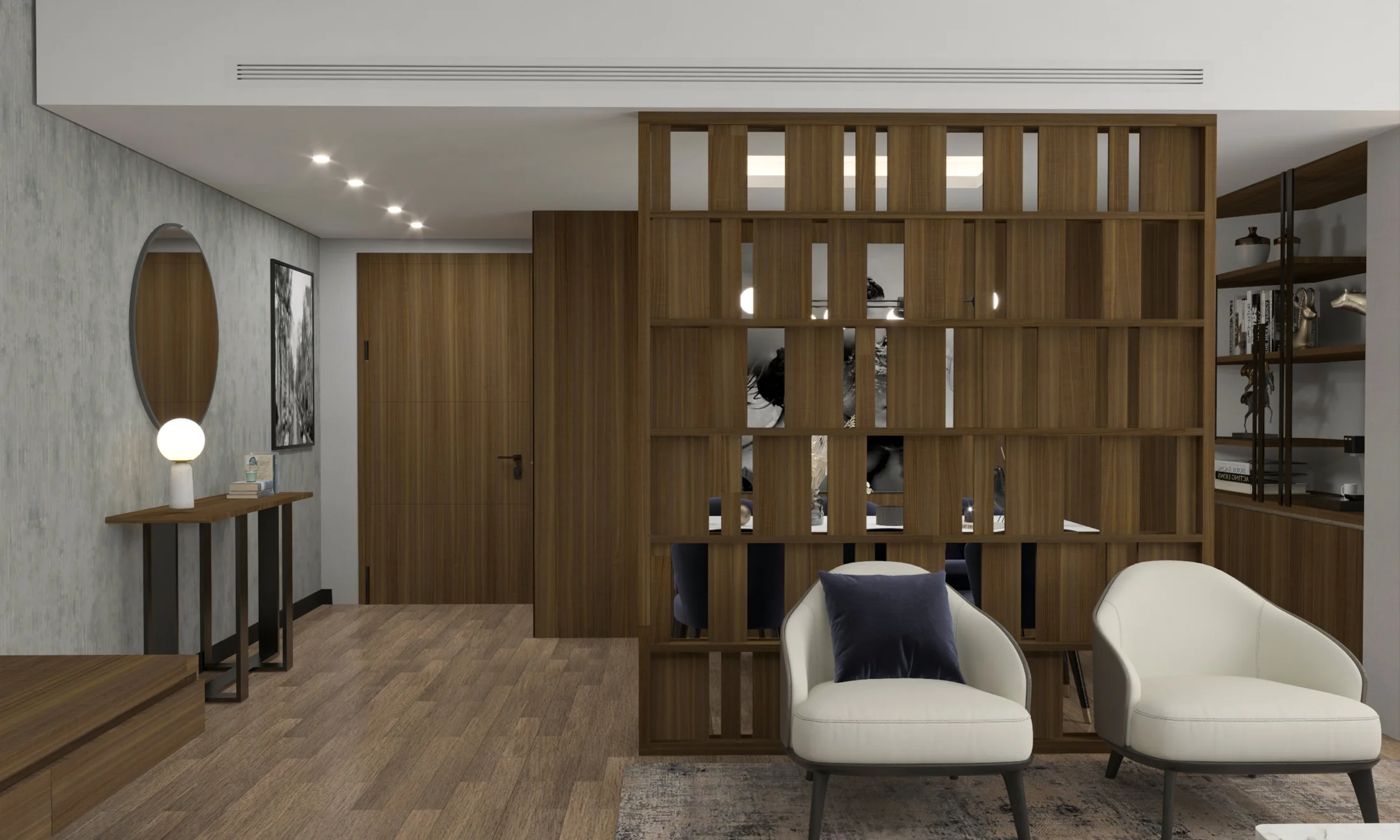 Hotel bedroom with bed, wardrobe, shelving, and integrated wall lighting.