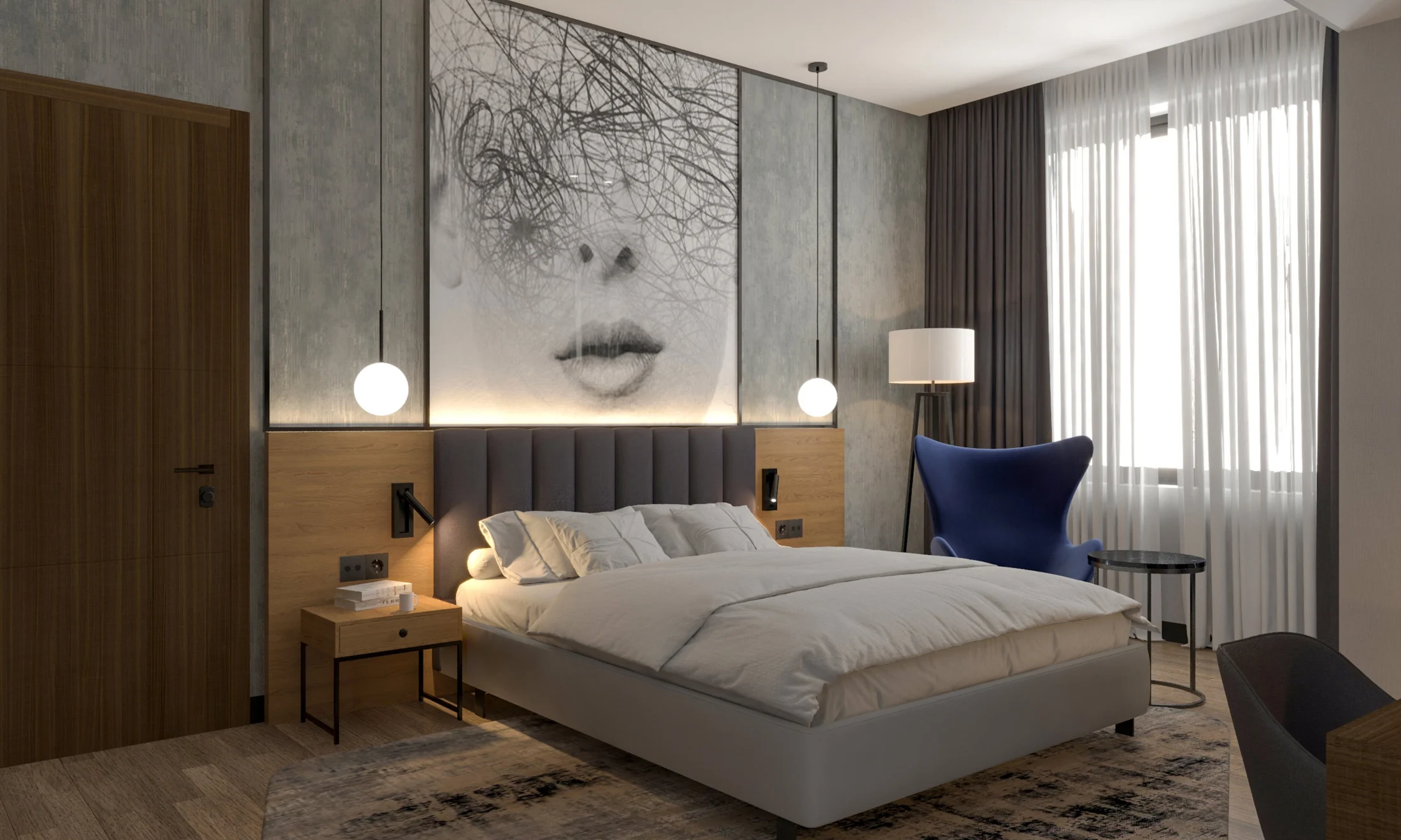 Hotel bedroom with daylight, bed, wall art, and neutral finishes.