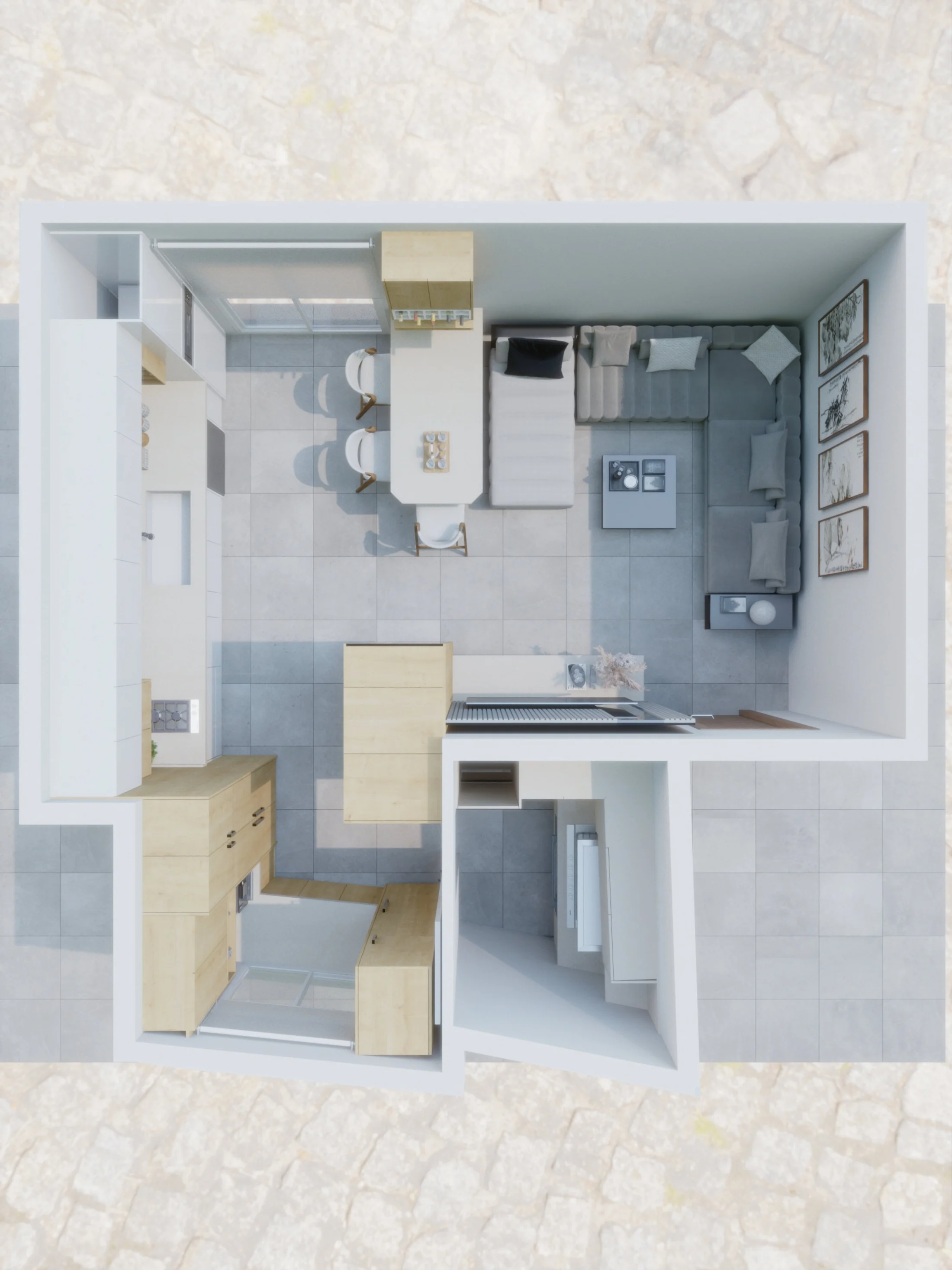 compact kitchen planning in a compact apartment interior.