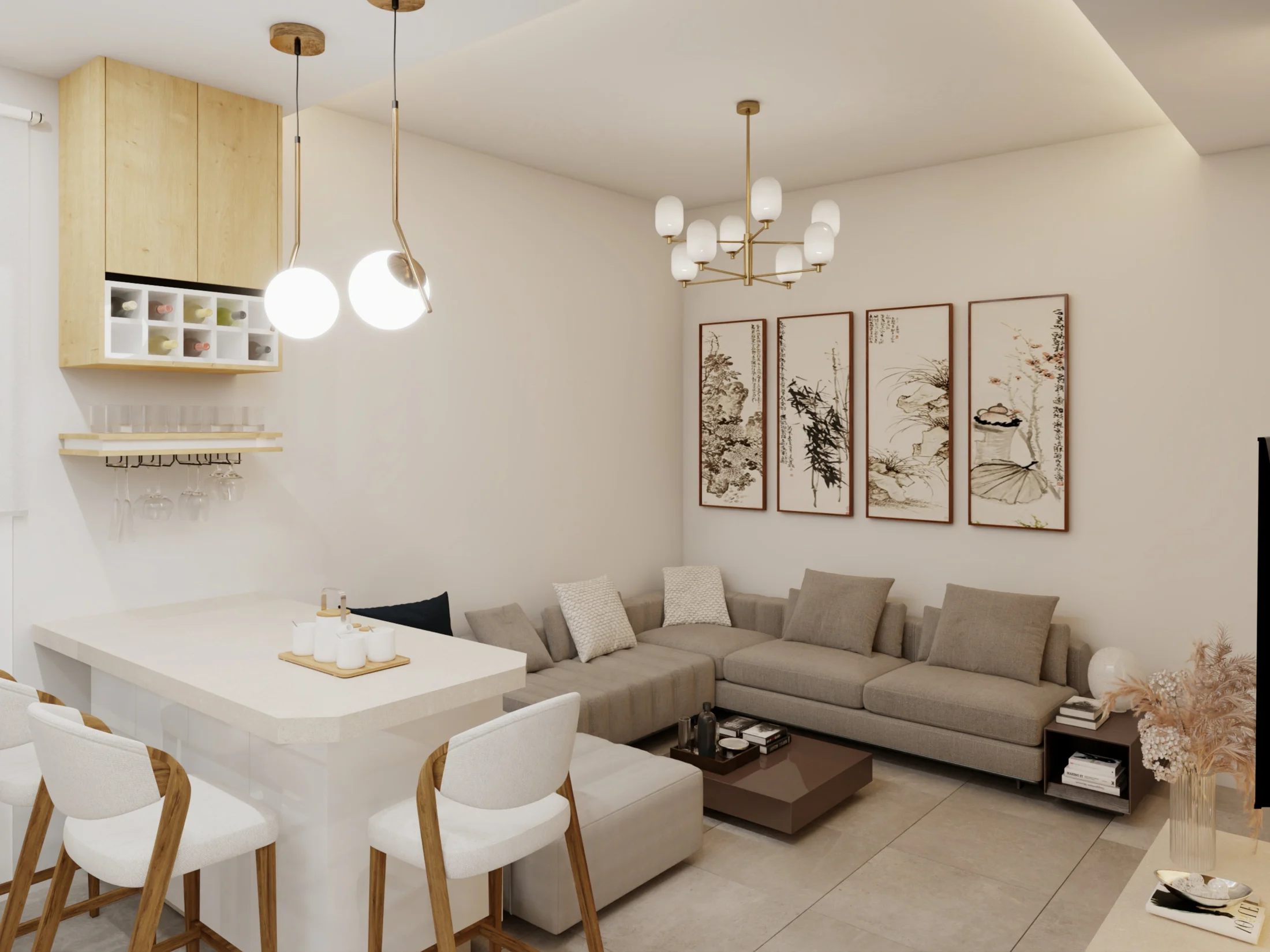 open living and dining view in a compact apartment interior.