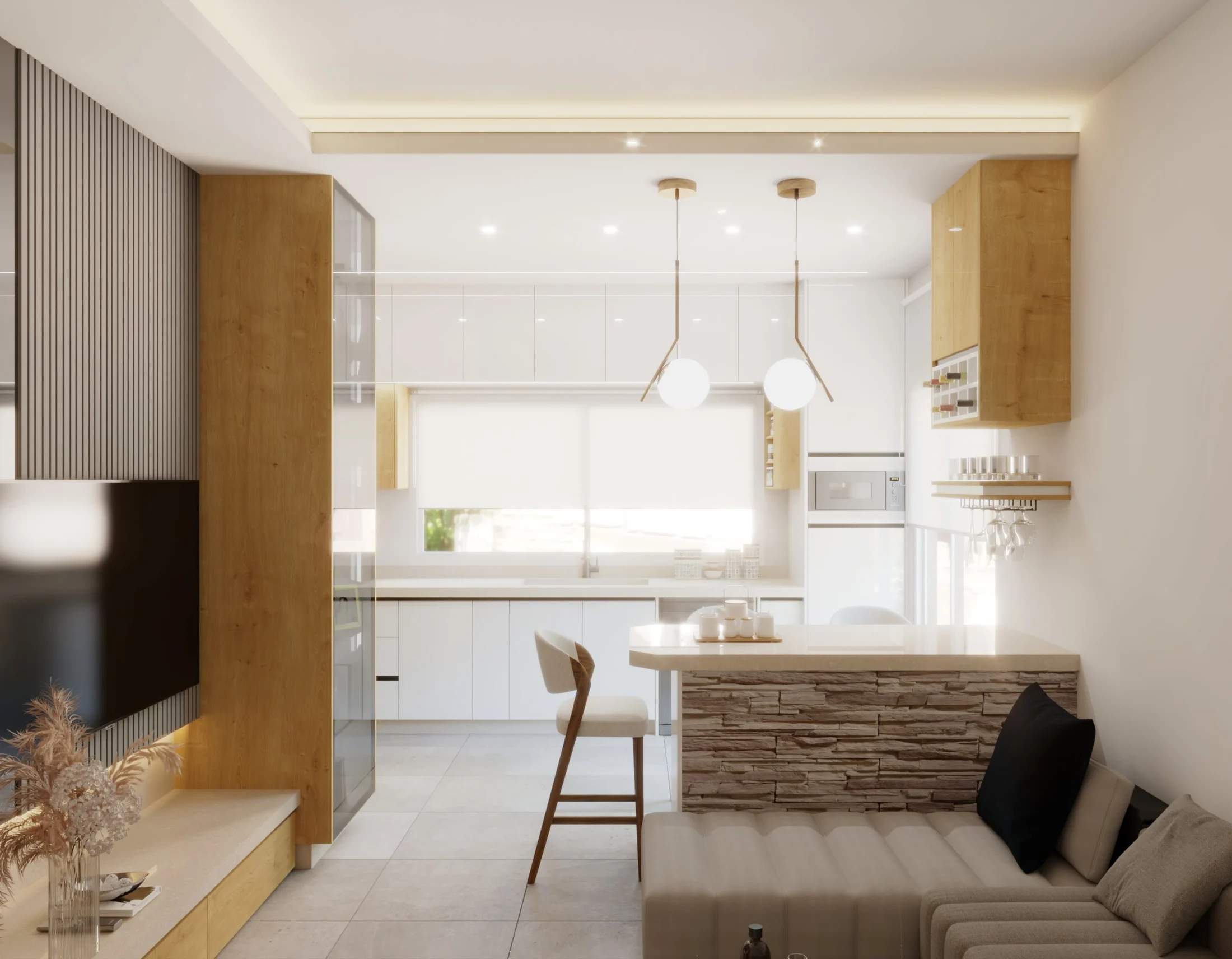 media wall and storage in a compact apartment interior.