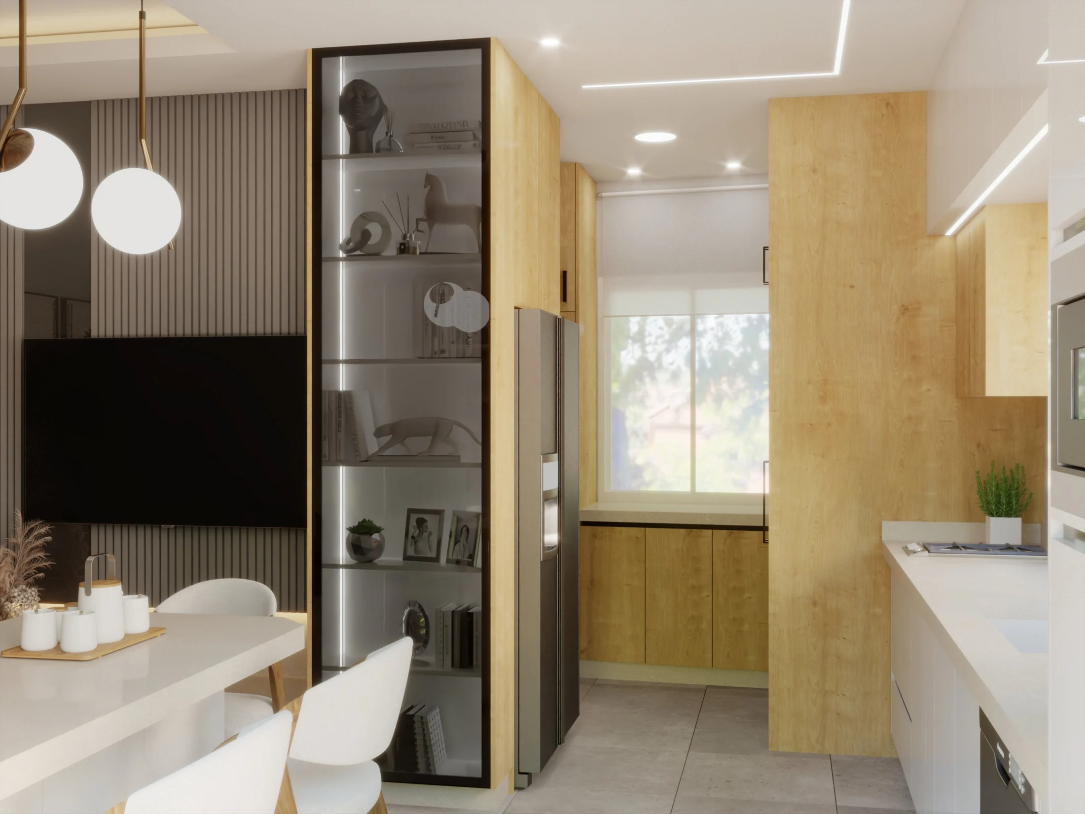 warm cabinetry detail in a compact apartment interior.