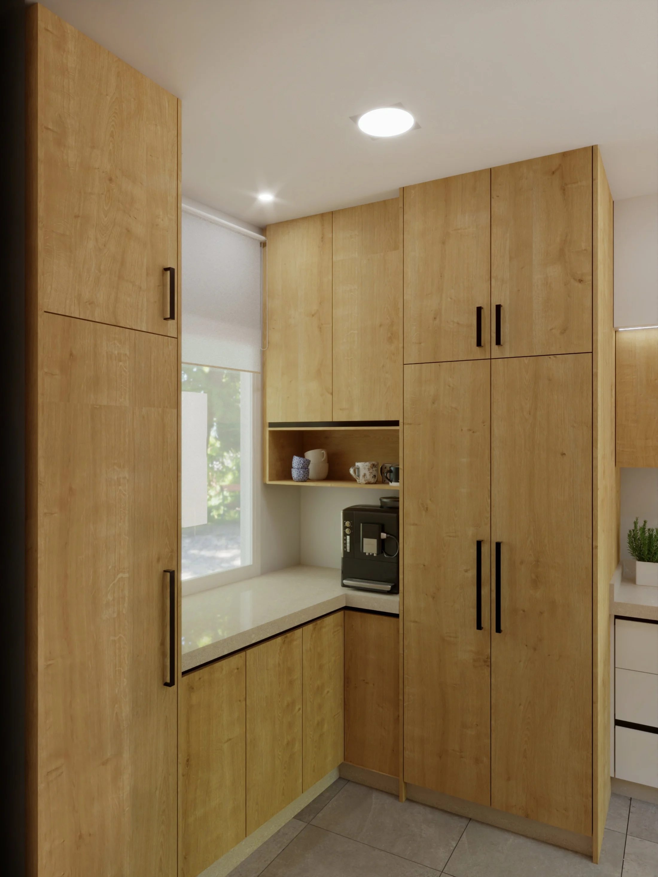 integrated storage wall in a compact apartment interior.
