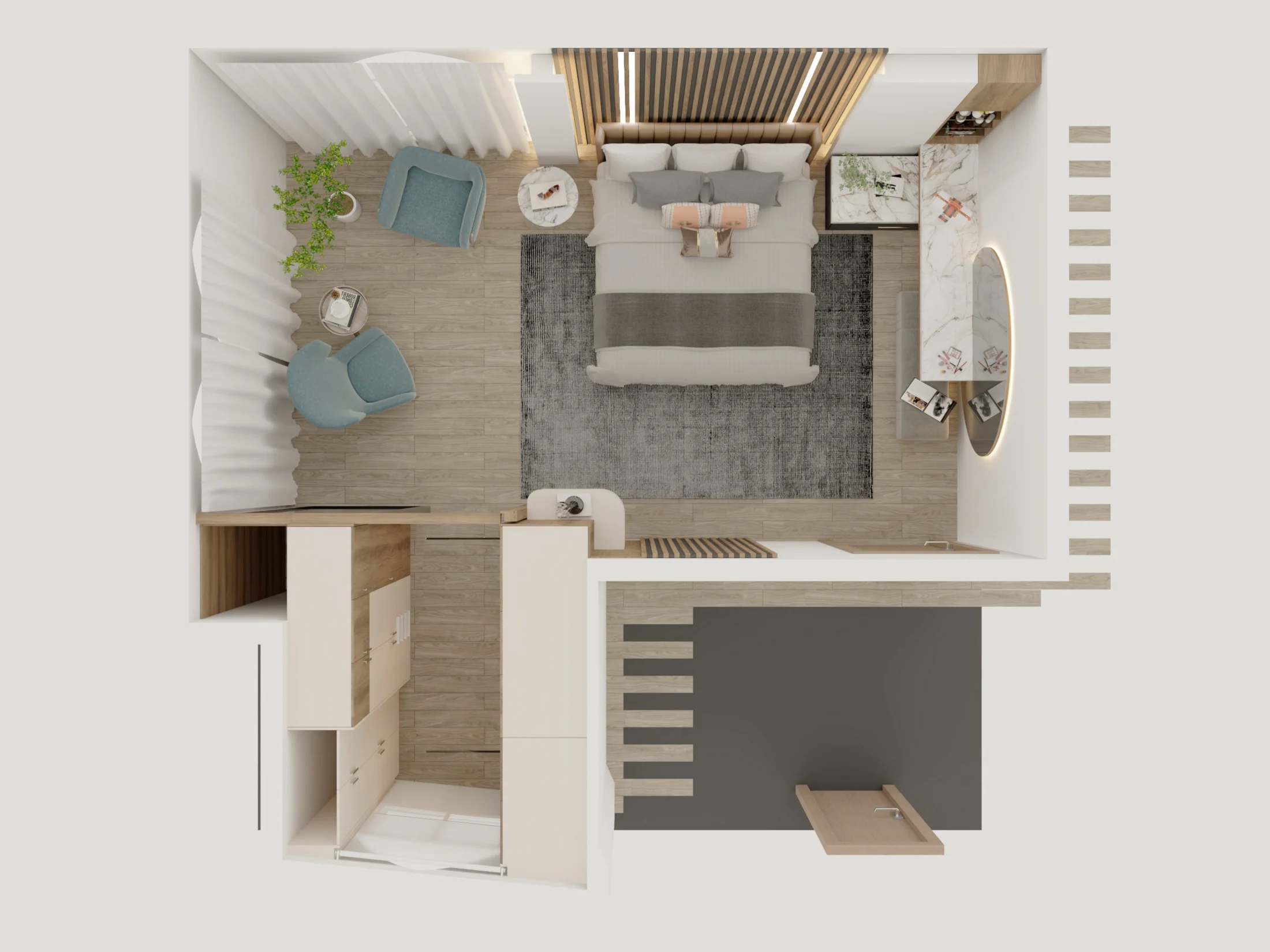 Top view of studio layout with bed, bathroom, storage, and seating.