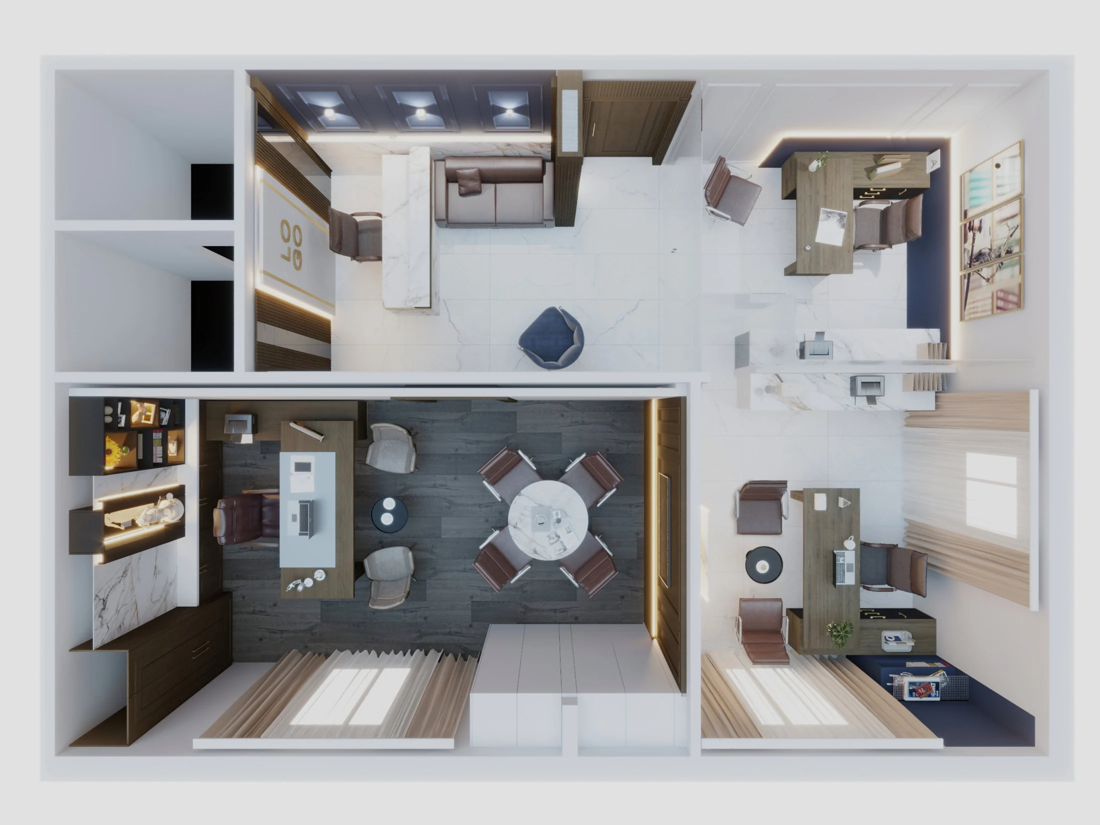 Executive office plan with reception, desks, meeting areas, and storage.