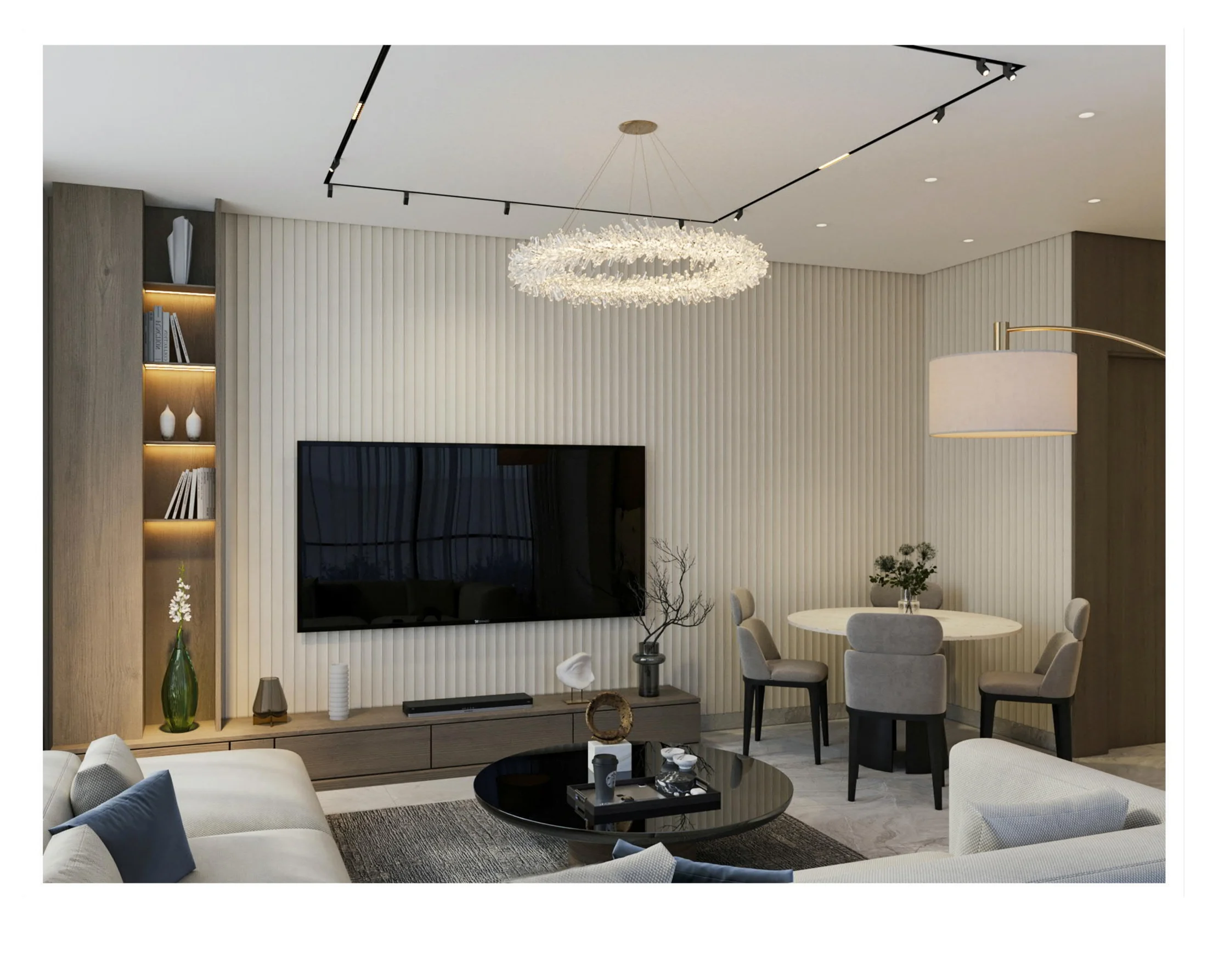 media wall living view in a compact residential interior.
