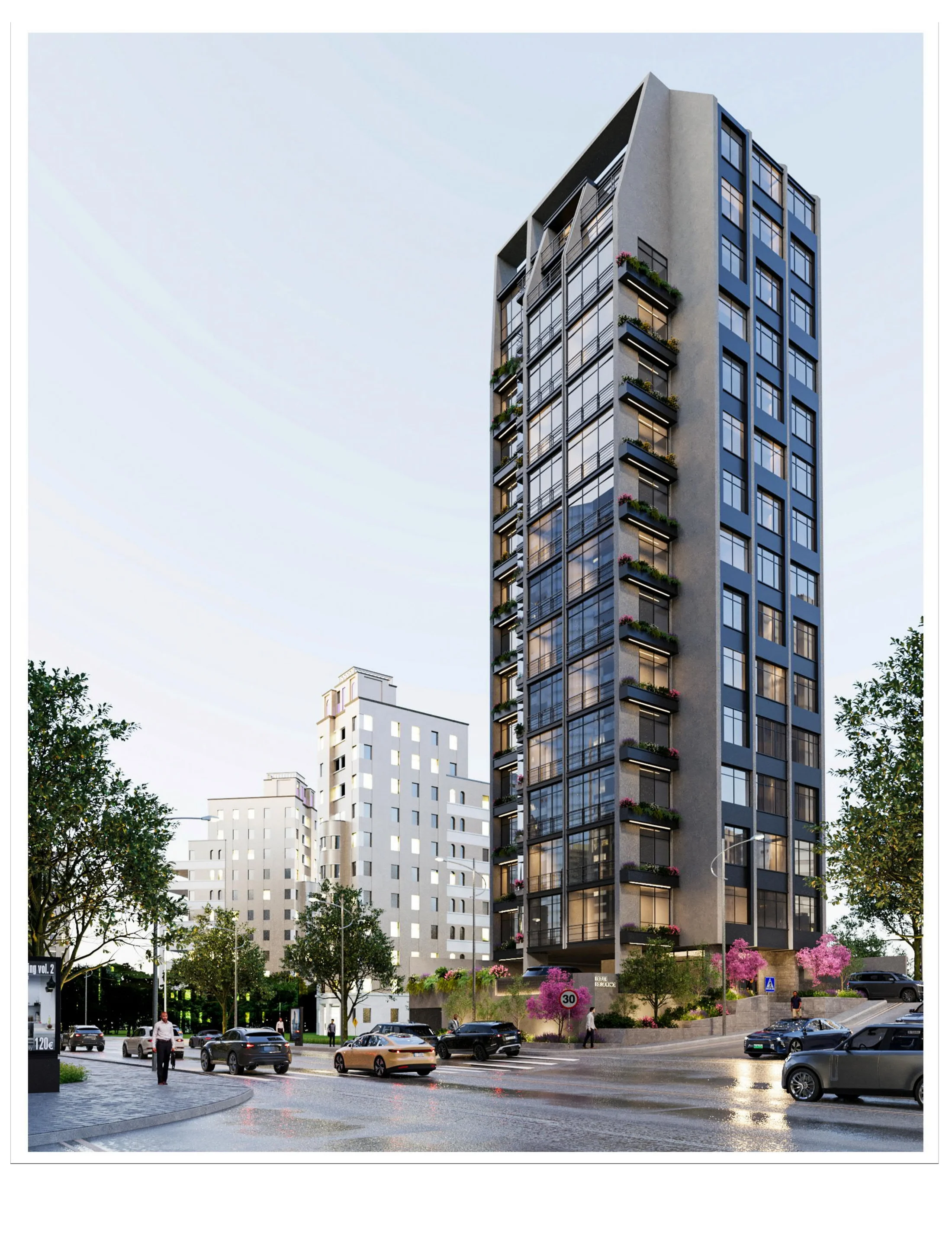 tower street view with tower facade and urban context.
