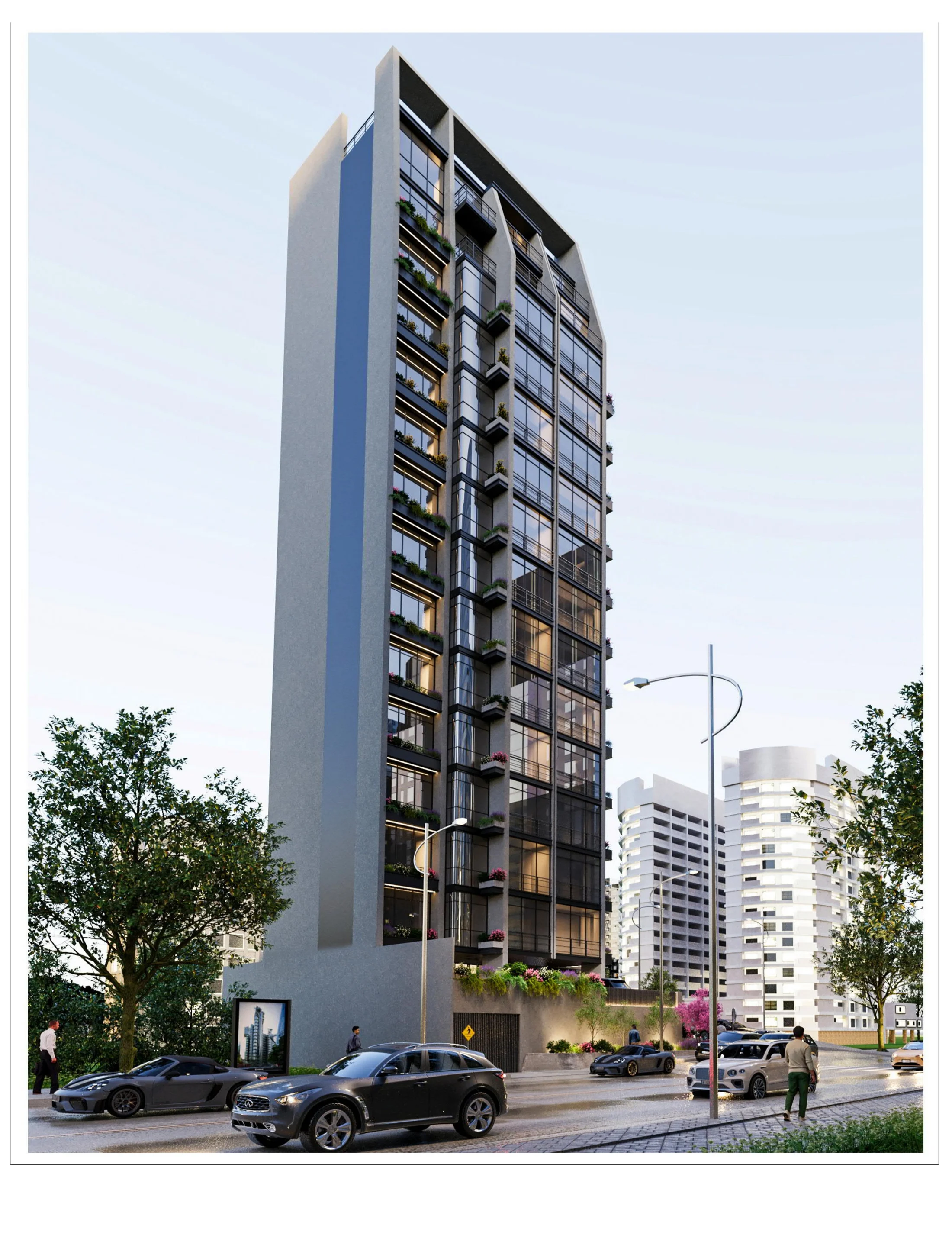 tower daylight facade with tower facade and urban context.