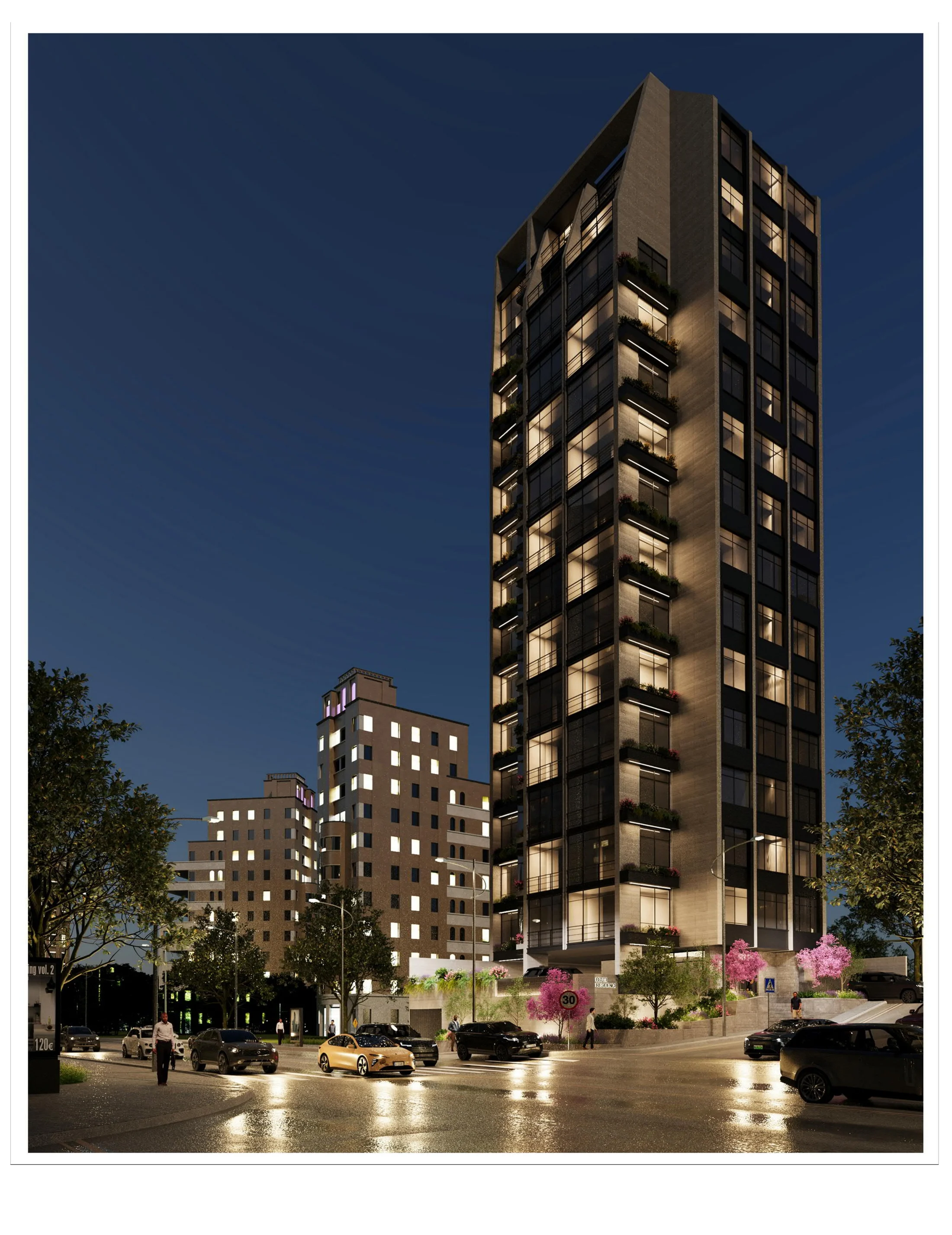 tower evening identity with tower facade and urban context.