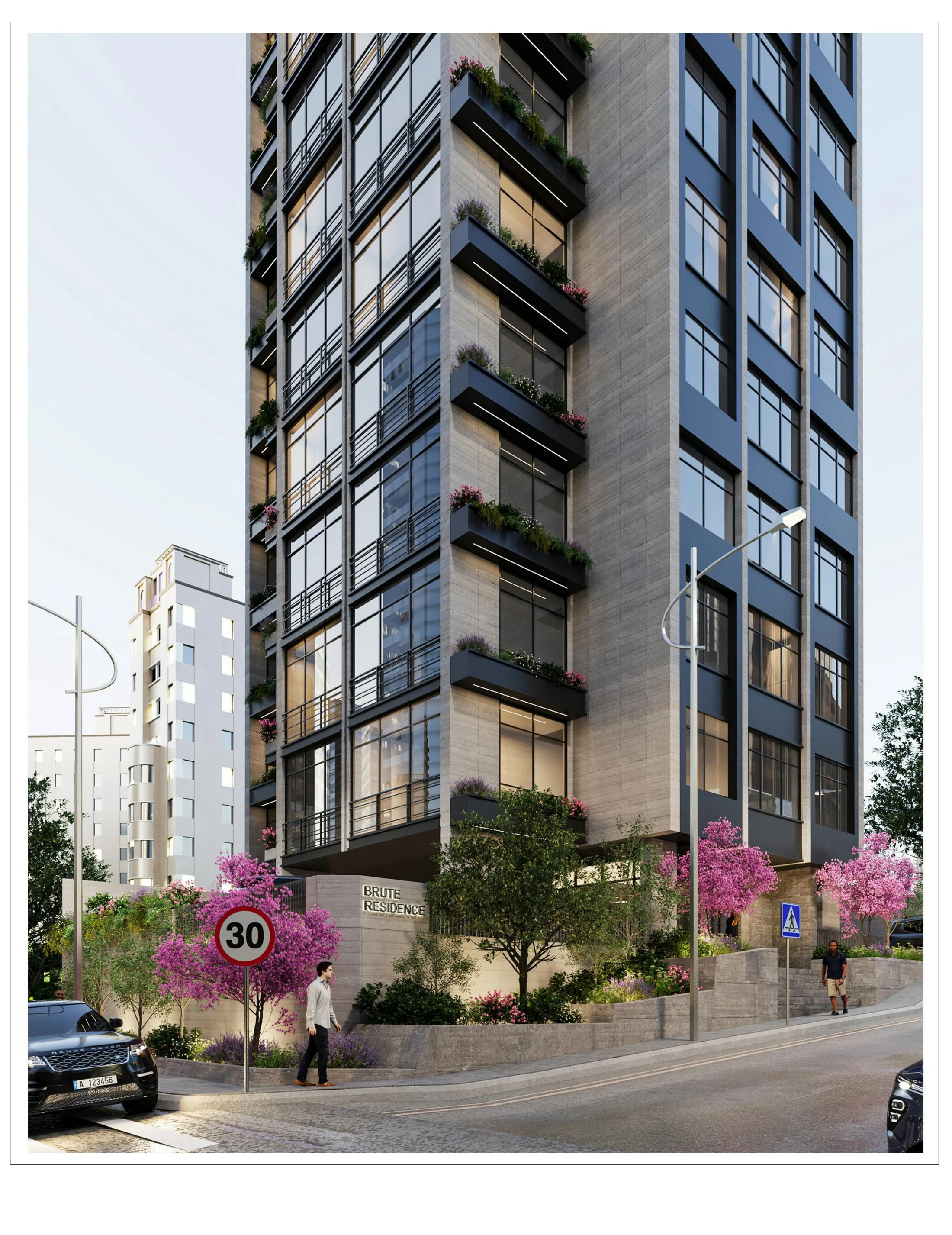 street-level arrival with tower facade and urban context.