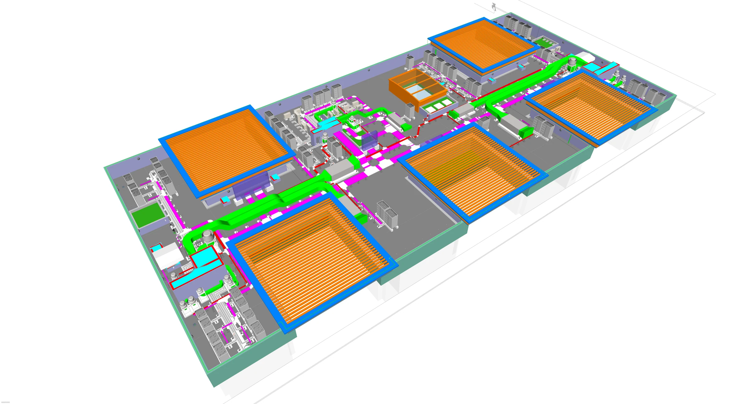 Angled roof MEP model with ducts, pipes, and equipment areas.