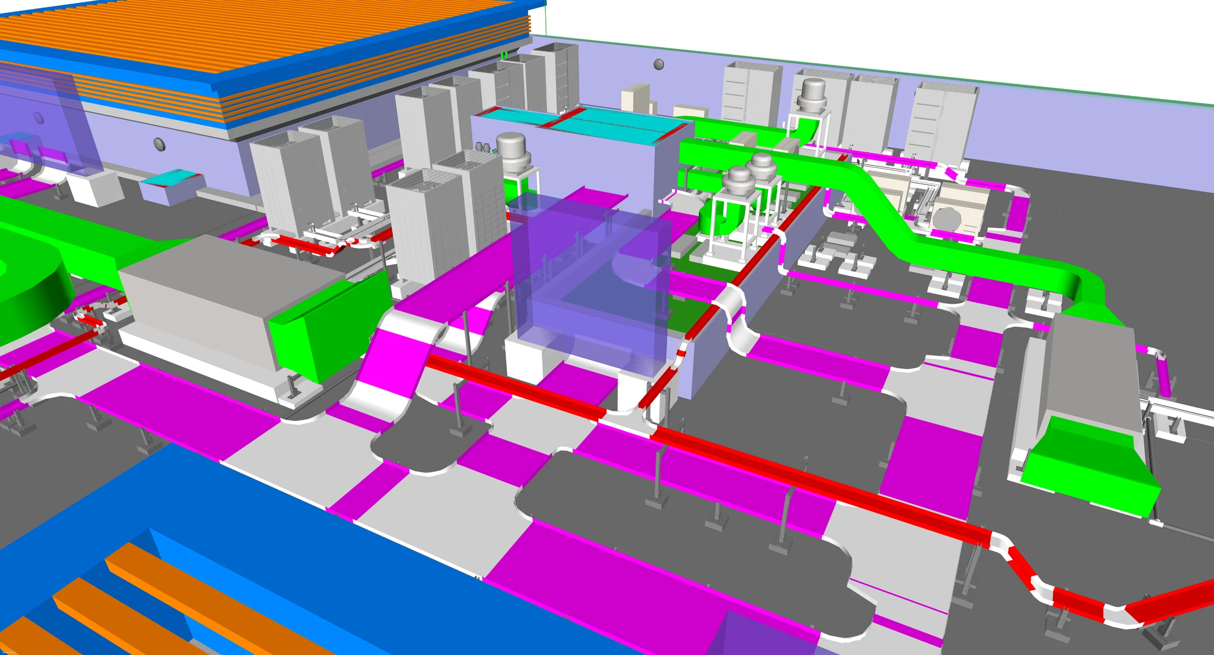 MEP model showing ducts, pipes, and service routes in close coordination.