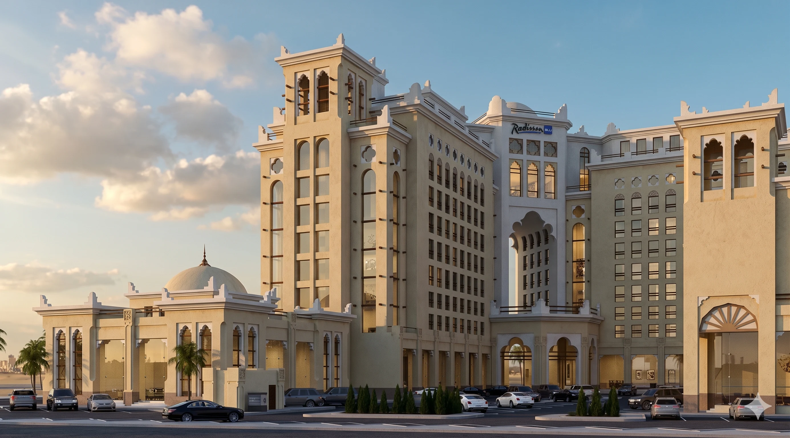 Hospitality exterior render showing the hotel frontage, arrival sequence, and surrounding urban context.