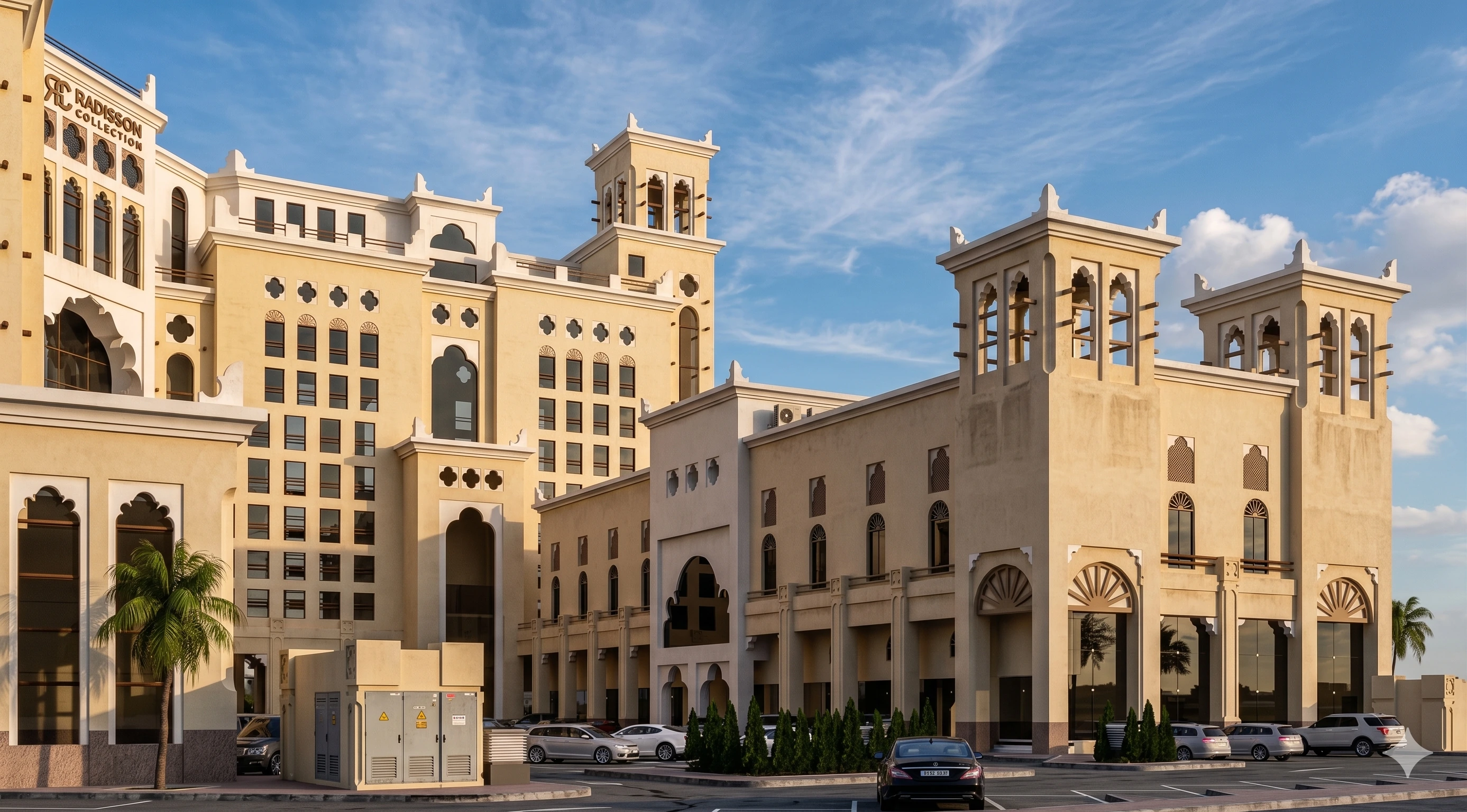 Hotel street facade render showing the arched frontage, arrival edge, and civic scale.