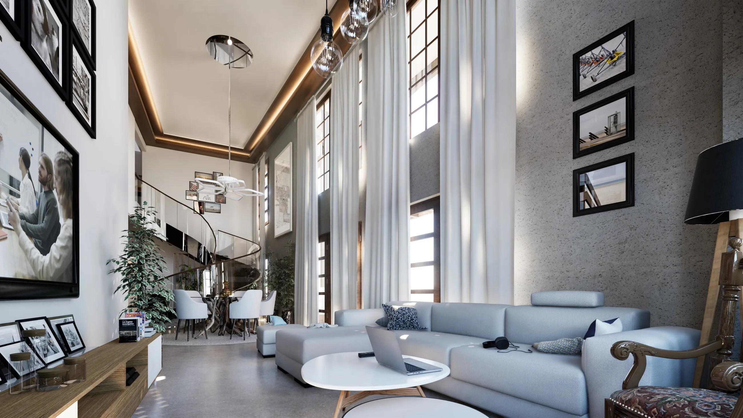 Double-height duplex living room with sofa, stair, tall windows, and warm finishes.