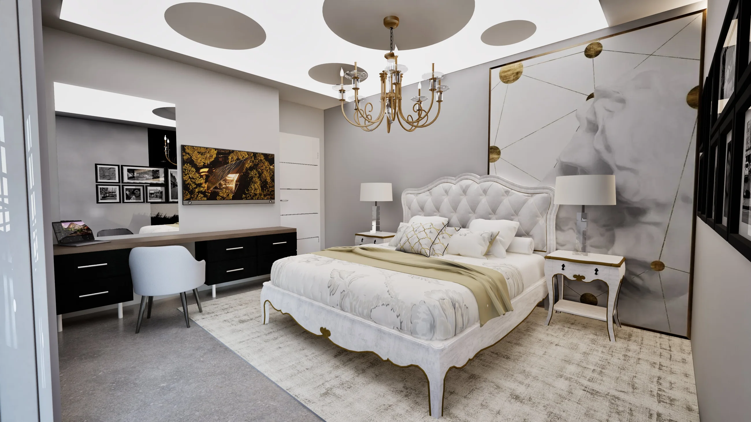 Duplex bedroom with classic wall detailing, bed, seating, and daylight.