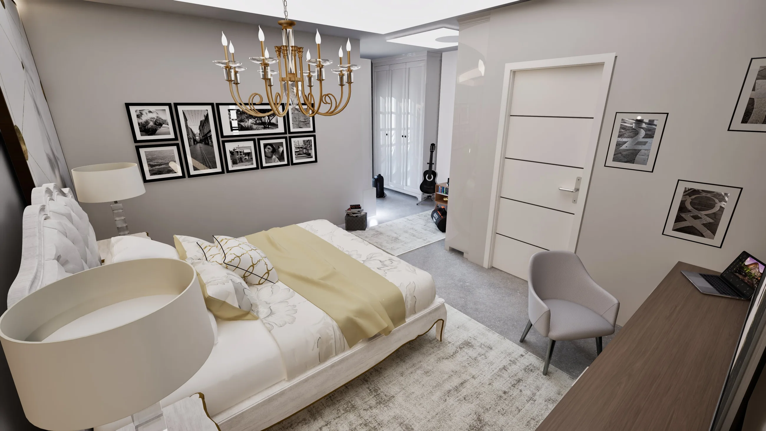 Duplex bedroom with media wall, dressing area, warm lighting, and storage.
