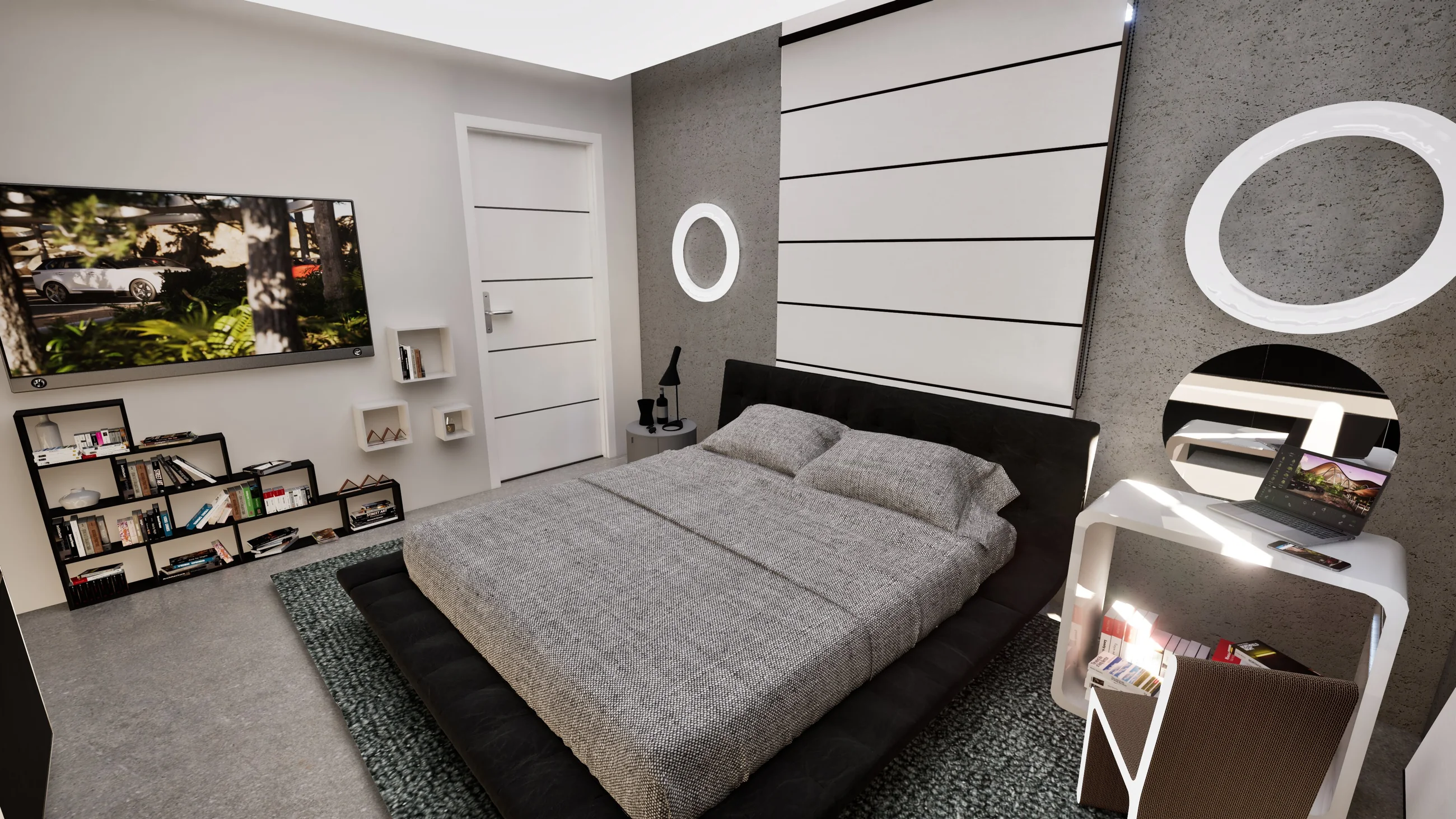 Compact guest bedroom with bed, built-in storage, and soft neutral finishes.