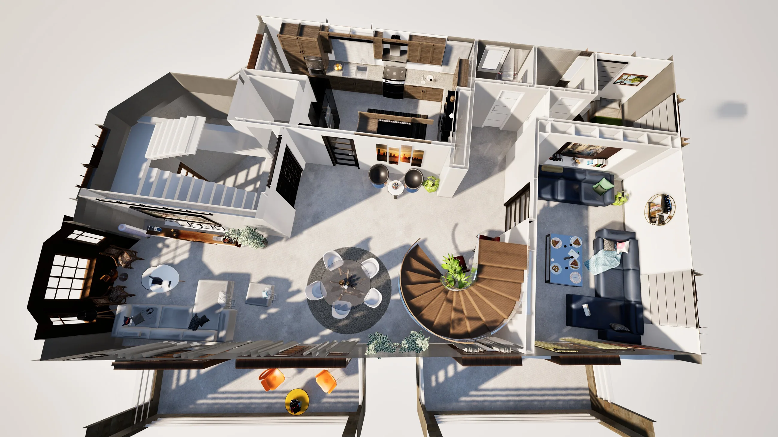Duplex interior isometric showing furniture, circulation, rooms, and stair relationship.