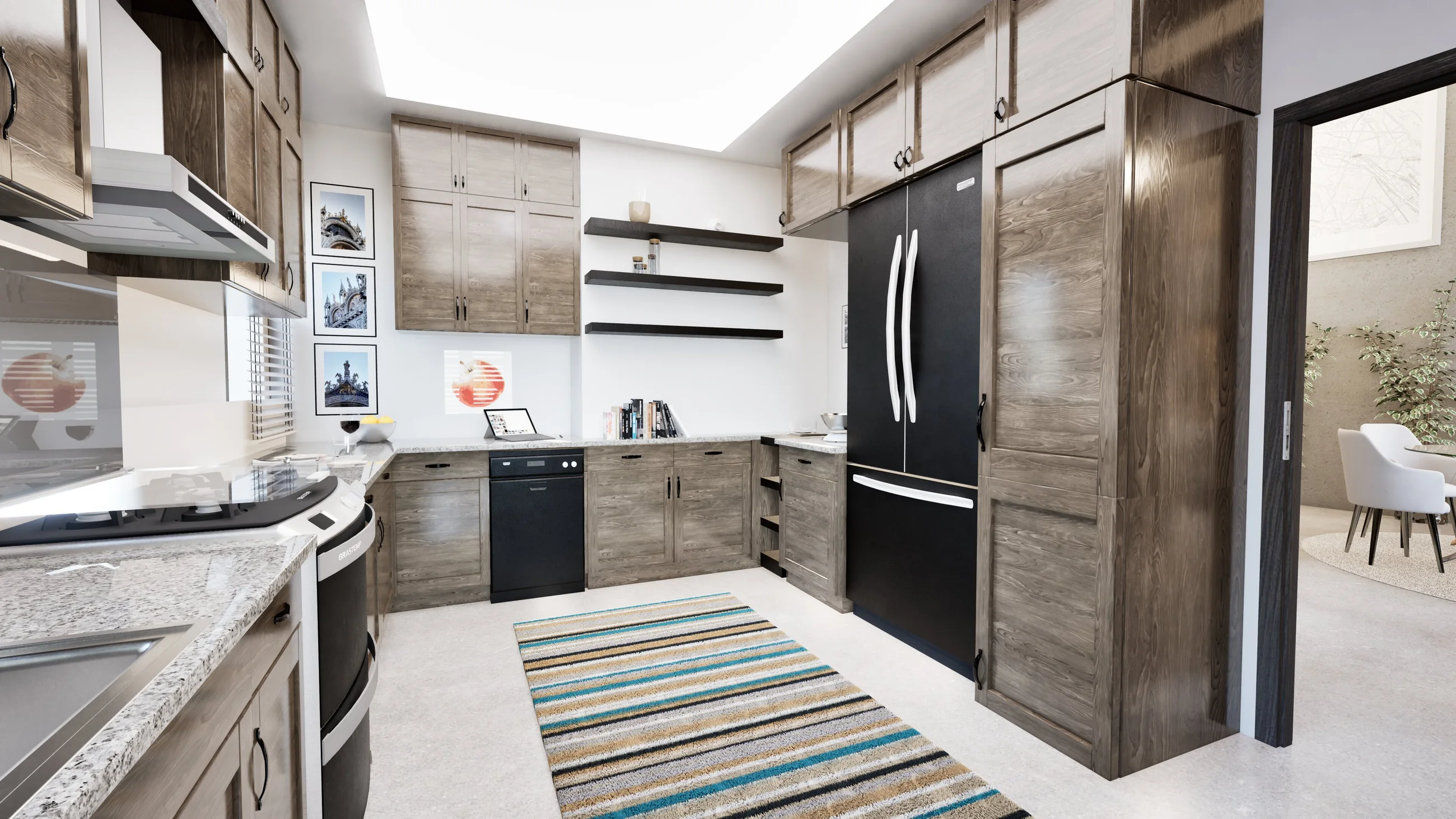 Duplex kitchen with linear cabinetry, worktop, appliances, and circulation path.