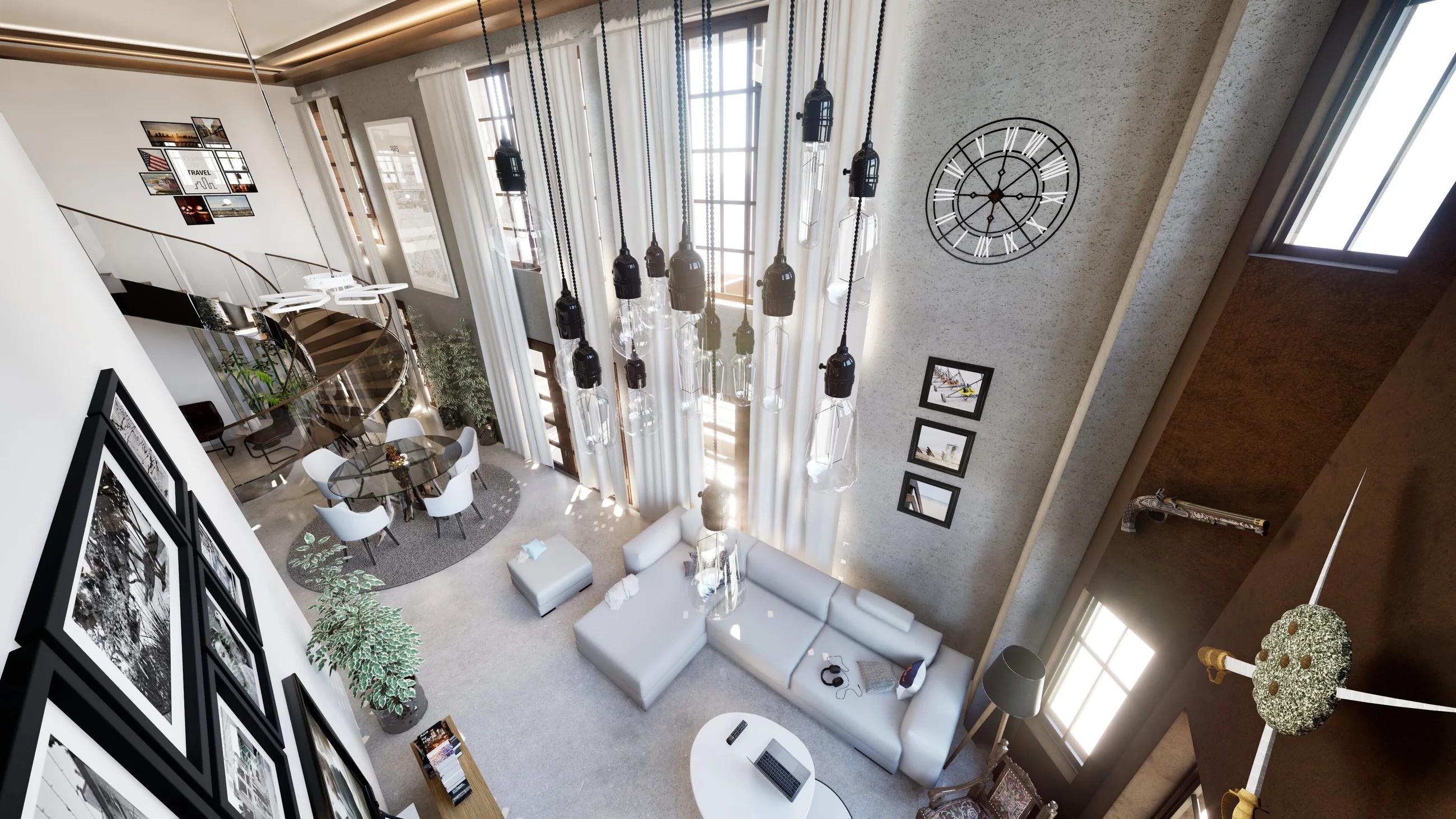 Elevated view of duplex living room with stair, void, seating, and upper level.