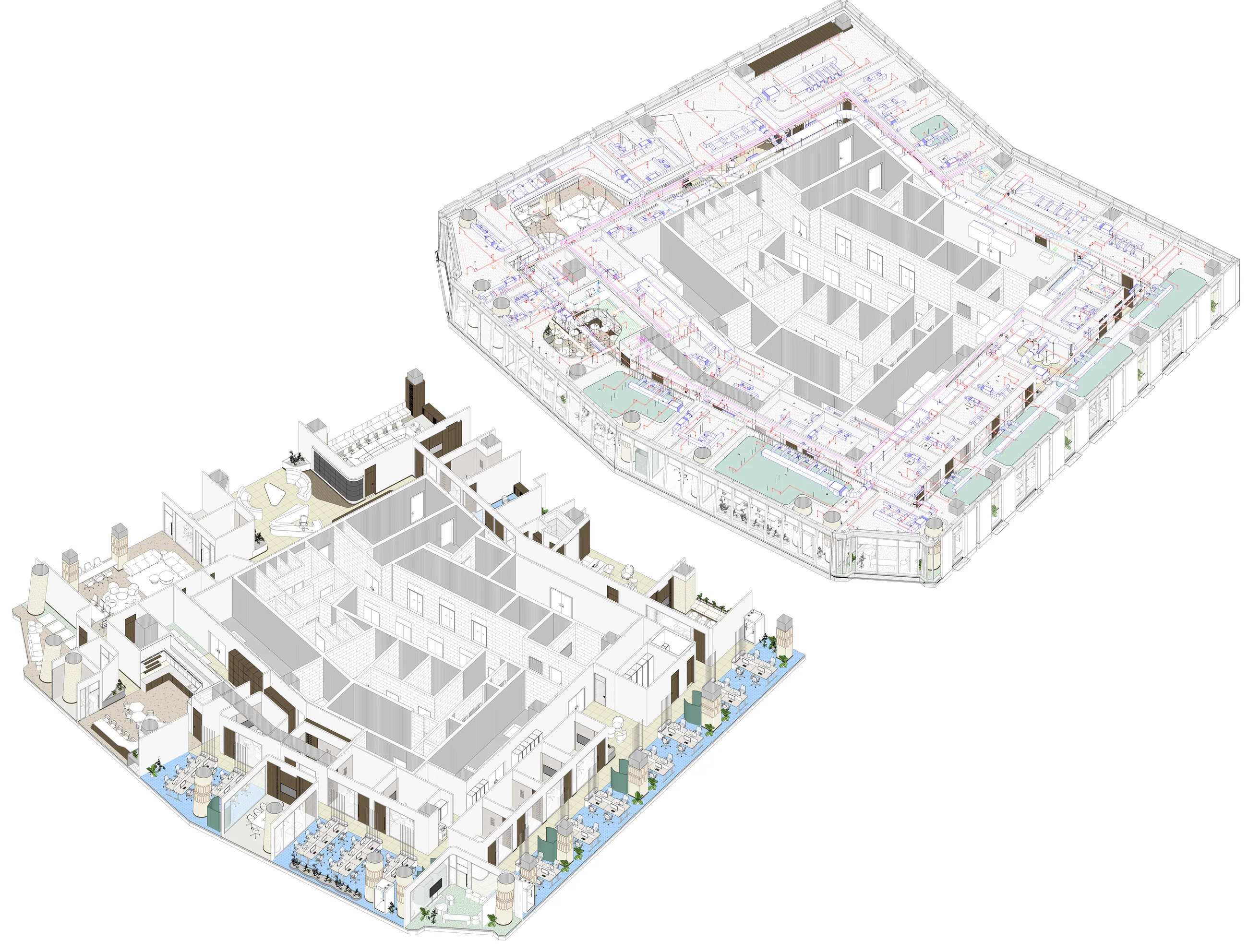 Interior isometric with furniture, wet areas, walls, and service-zone planning.