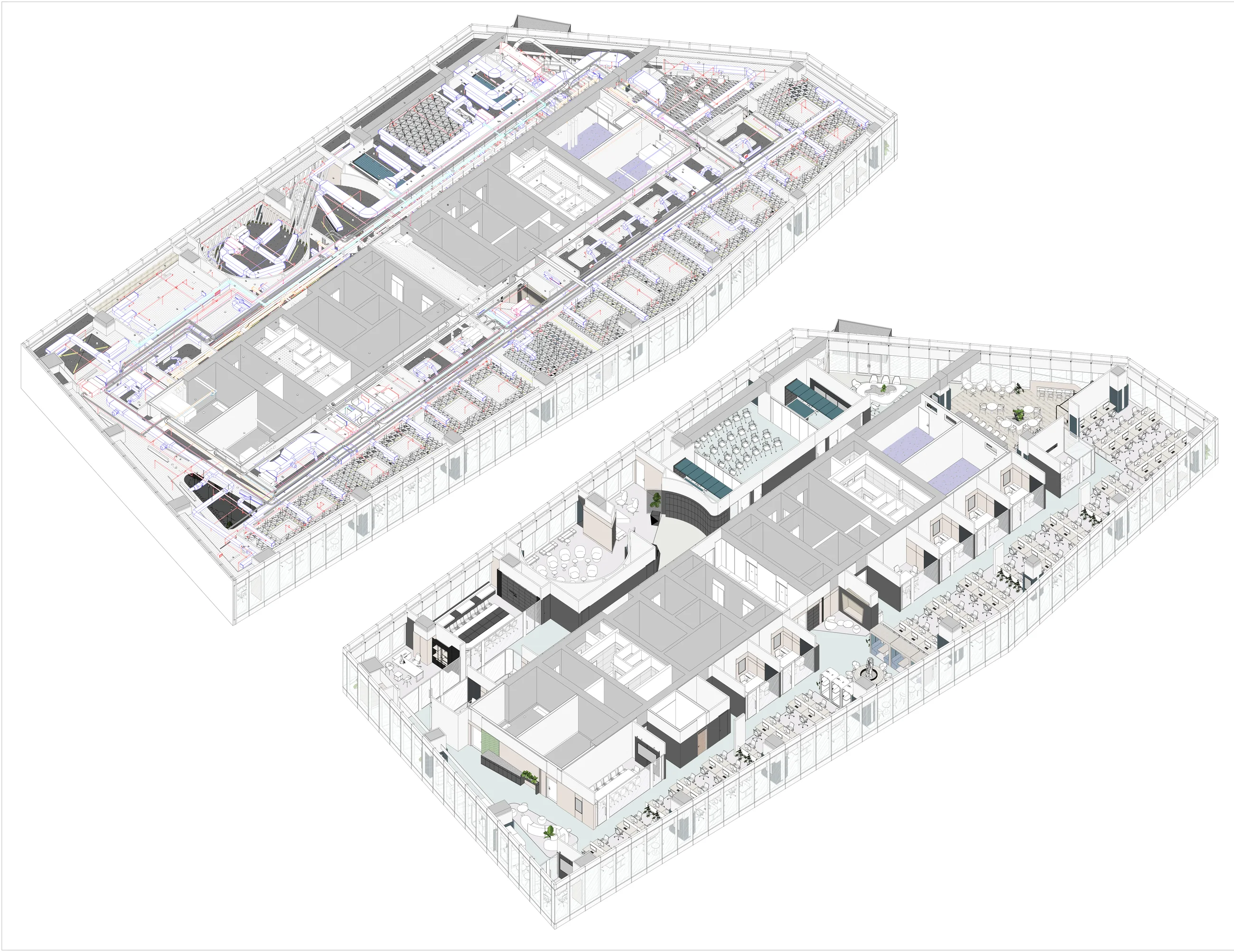 Interior isometric showing furniture layout, rooms, and service zones.